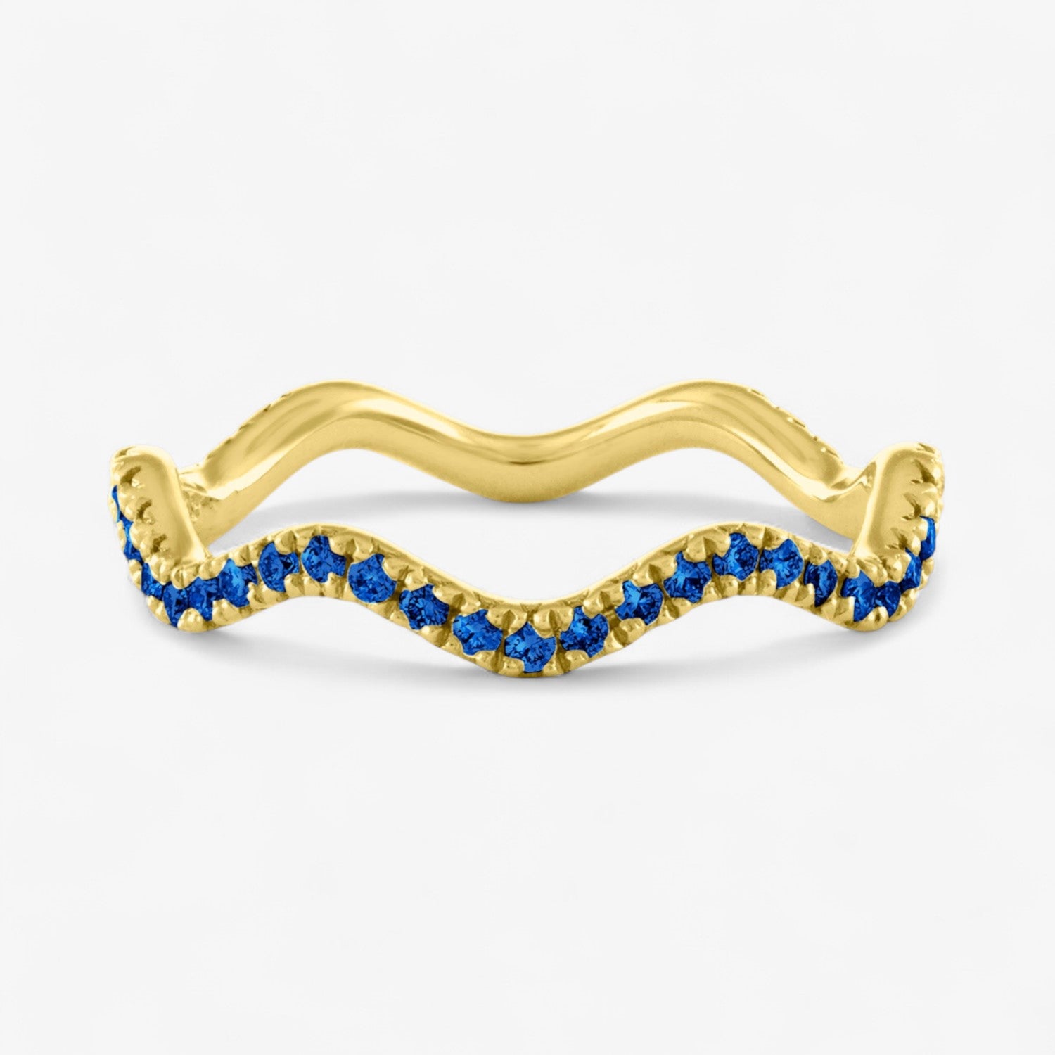 Ivy Rainbow Wavy Stack Band 14K Yellow Gold Blue Sapphire