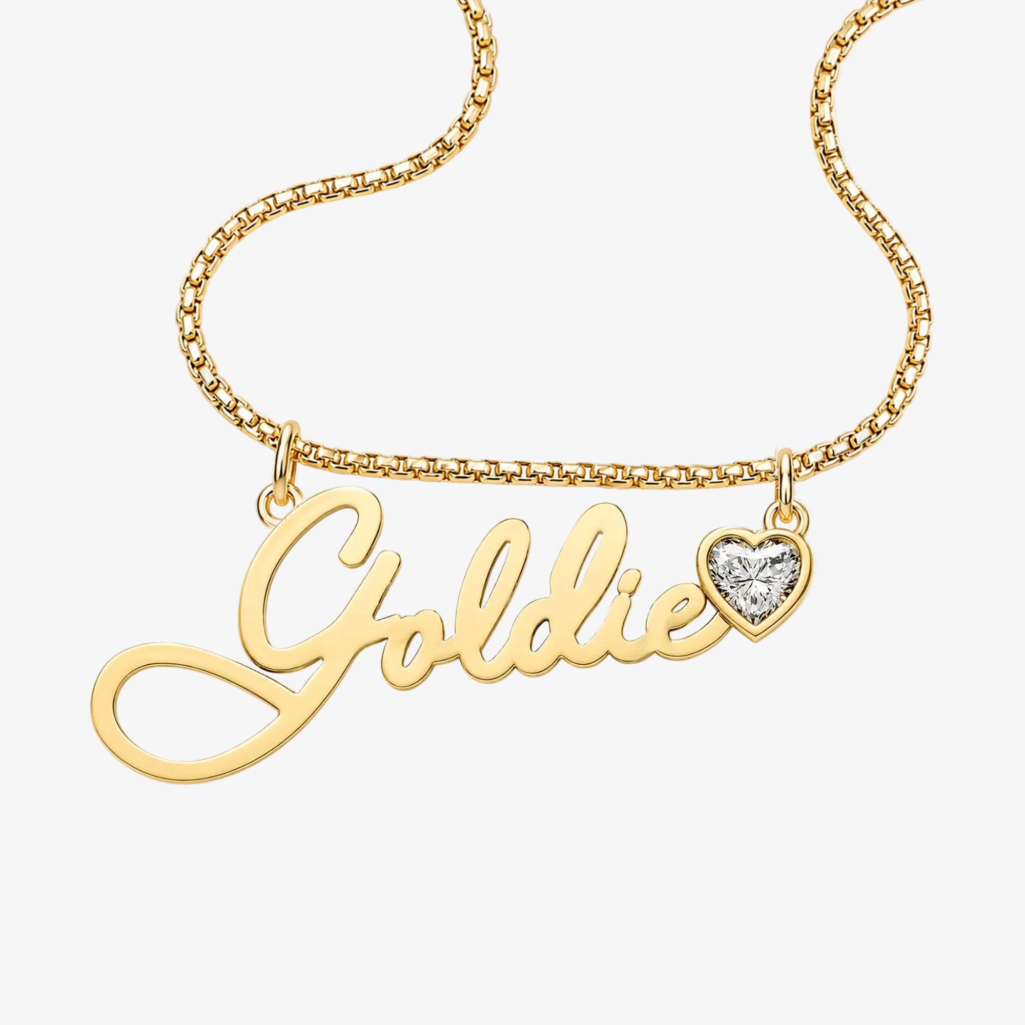 Love Letter Gold Script Necklace with Bezel Heart 14K Yellow Gold 16in