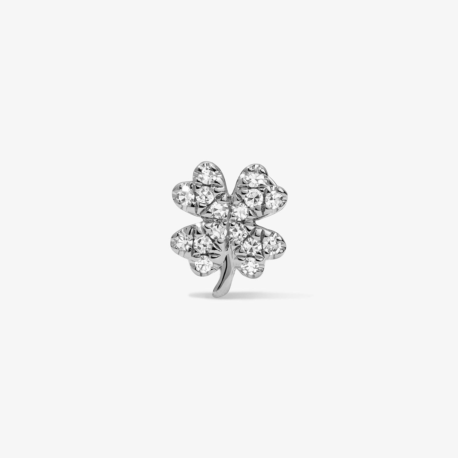 Mini Token Pave Four Leaf Clover Studs 14K White Gold Single
