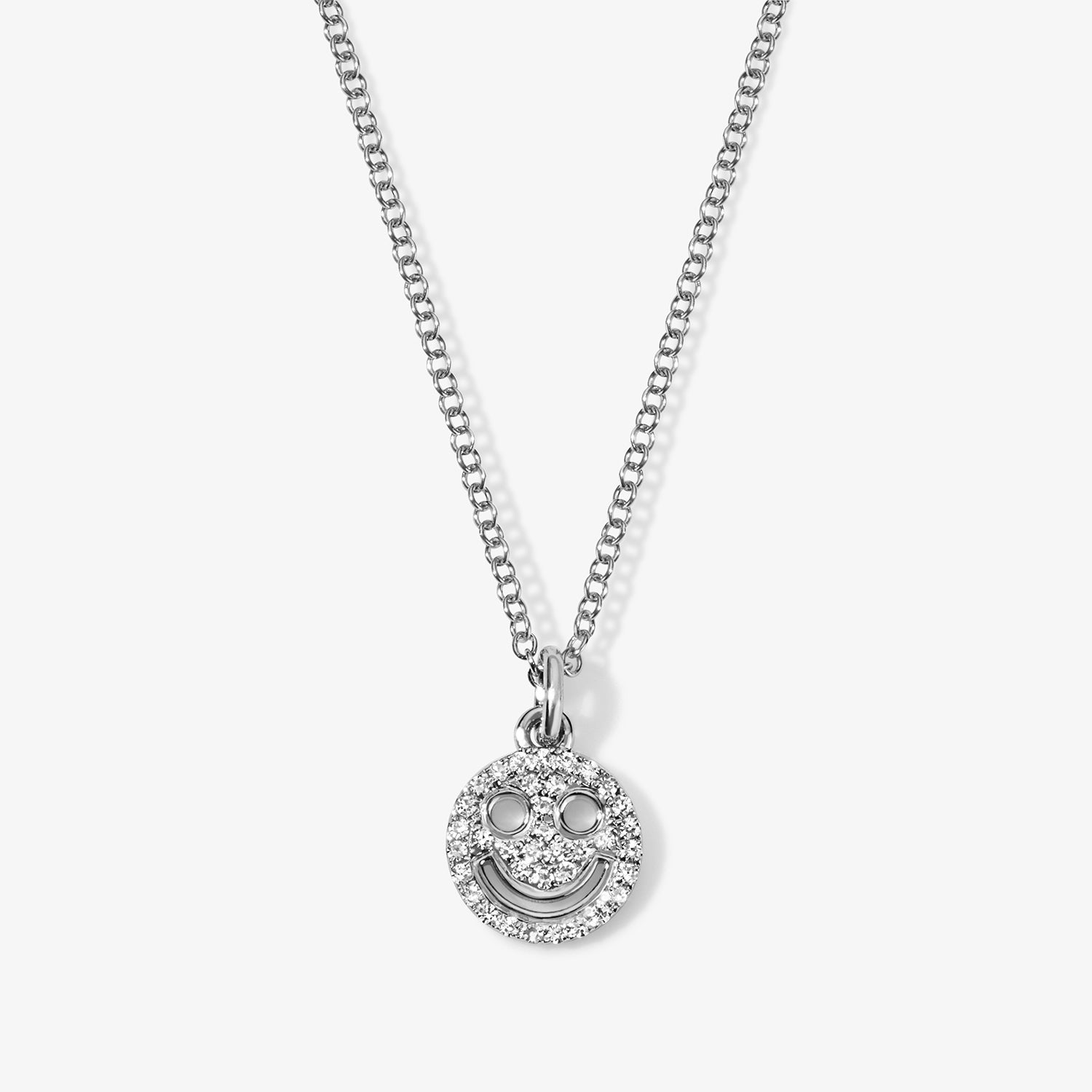 Mini Token Pave Smiley Face Necklace 14K White Gold