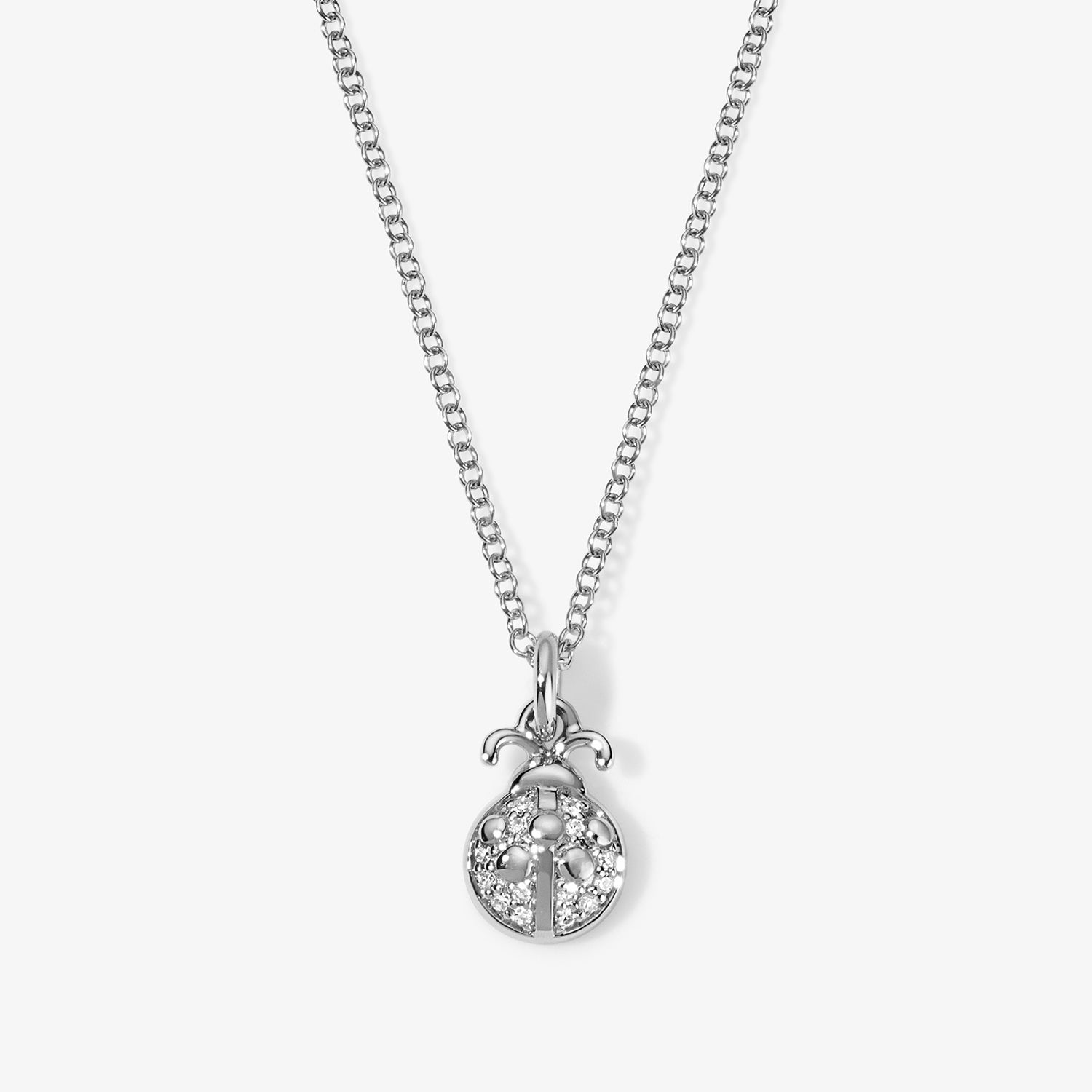 Mini Token Pave Ladybug Necklace 14K White Gold