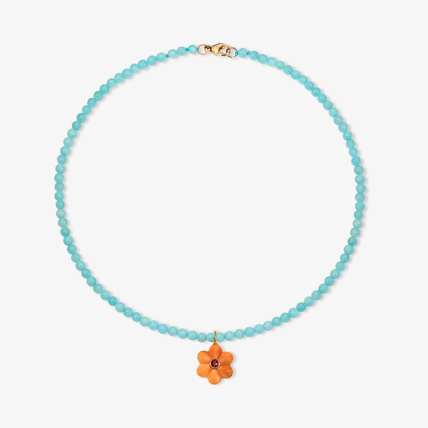 Kendall Amazonite Beaded Necklace with Orange Spiny Oyster Shell Flower Charm