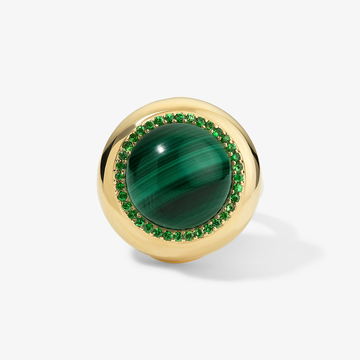 Large Malachite Candy Button Ring with Tsavorite Halo 14K Yellow Gold