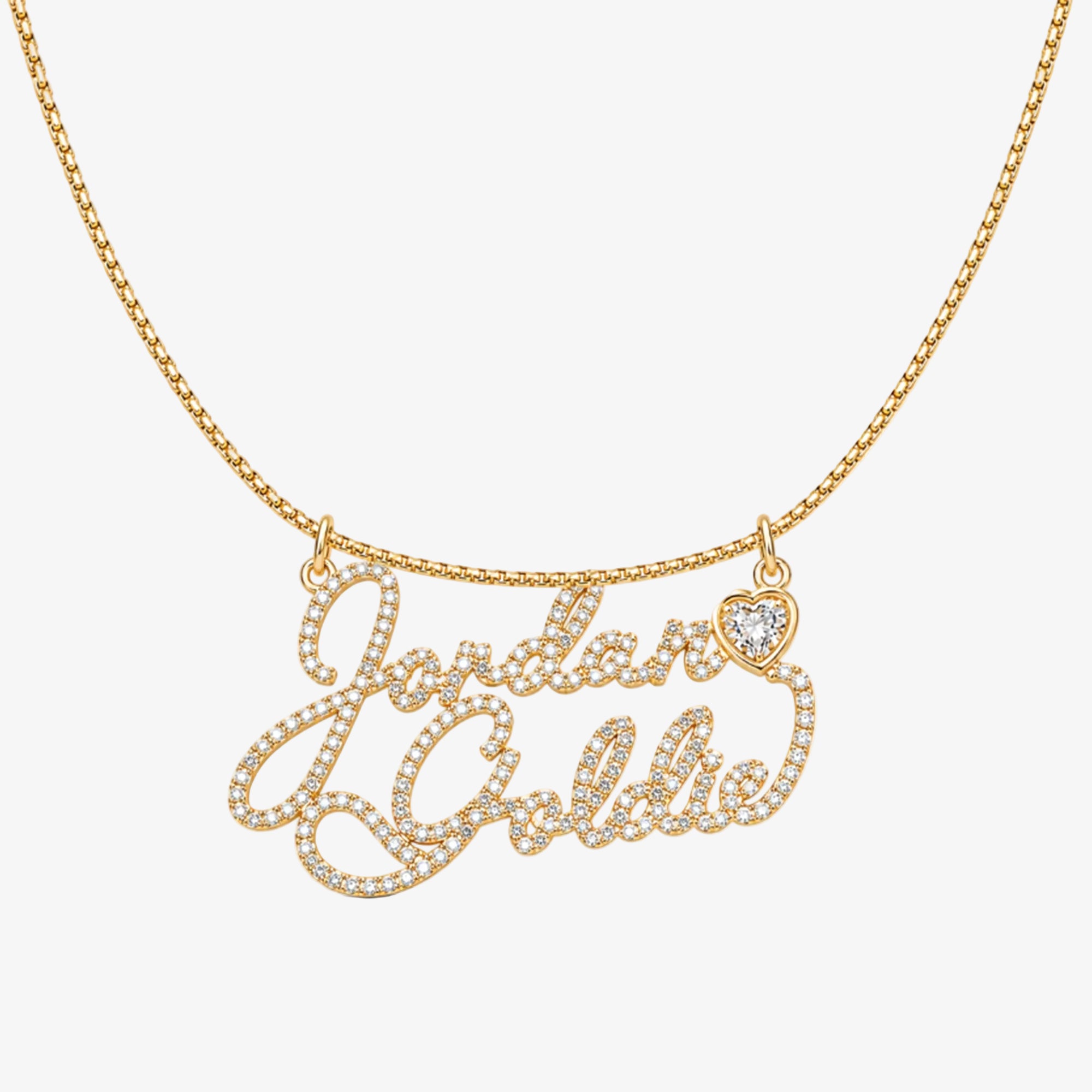 Love Letter Pave Script Two Name Necklace with Bezel Heart 14K Yellow Gold 16in