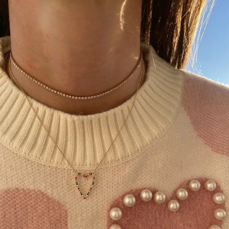 Rainbow Pave Heart Shaped Outline Necklace