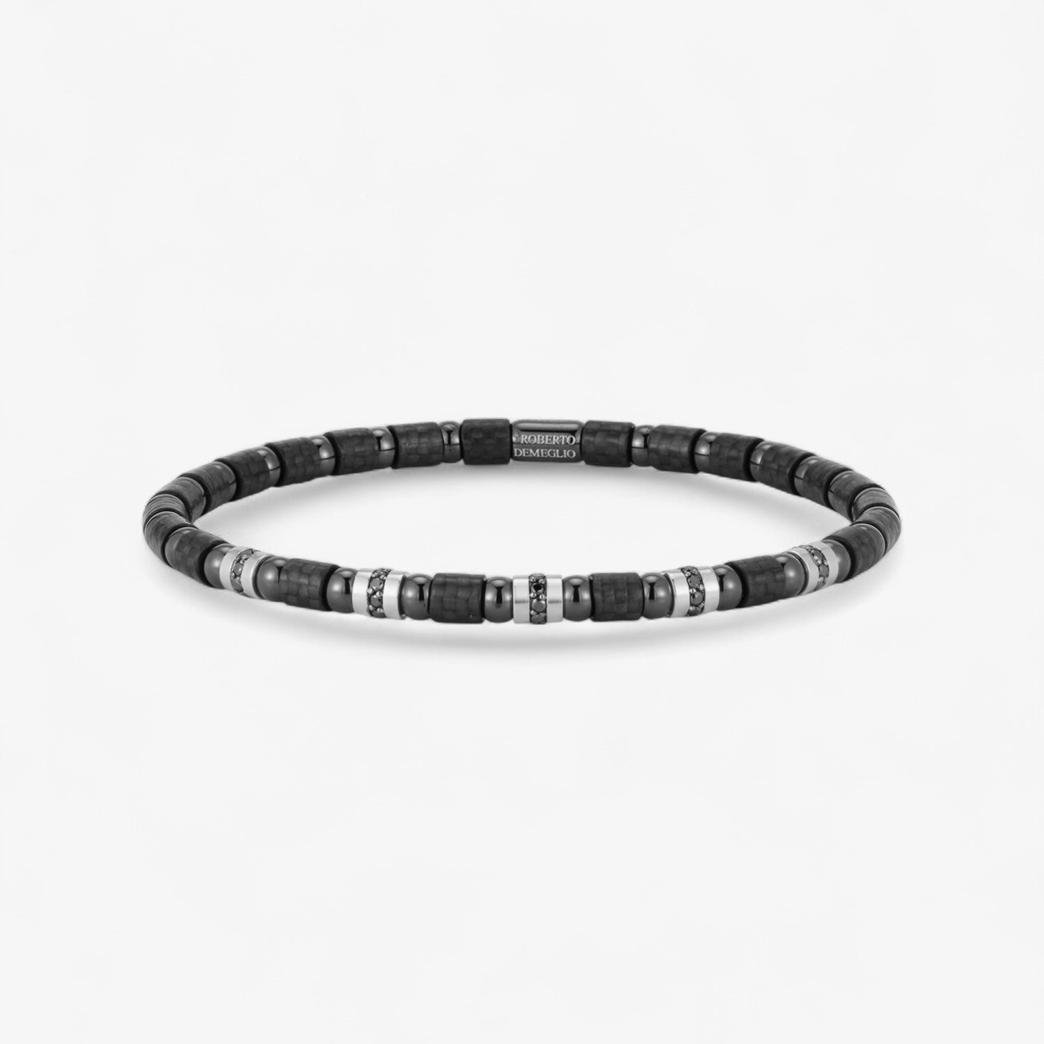 Men's Stretch Carbon Fiber Bracelet with Five Row of Black Diamonds