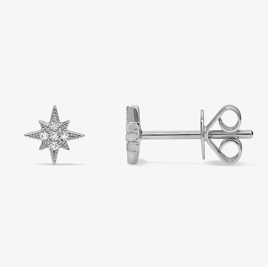 Mini Token Pave North Star Studs 14K White Gold Pair