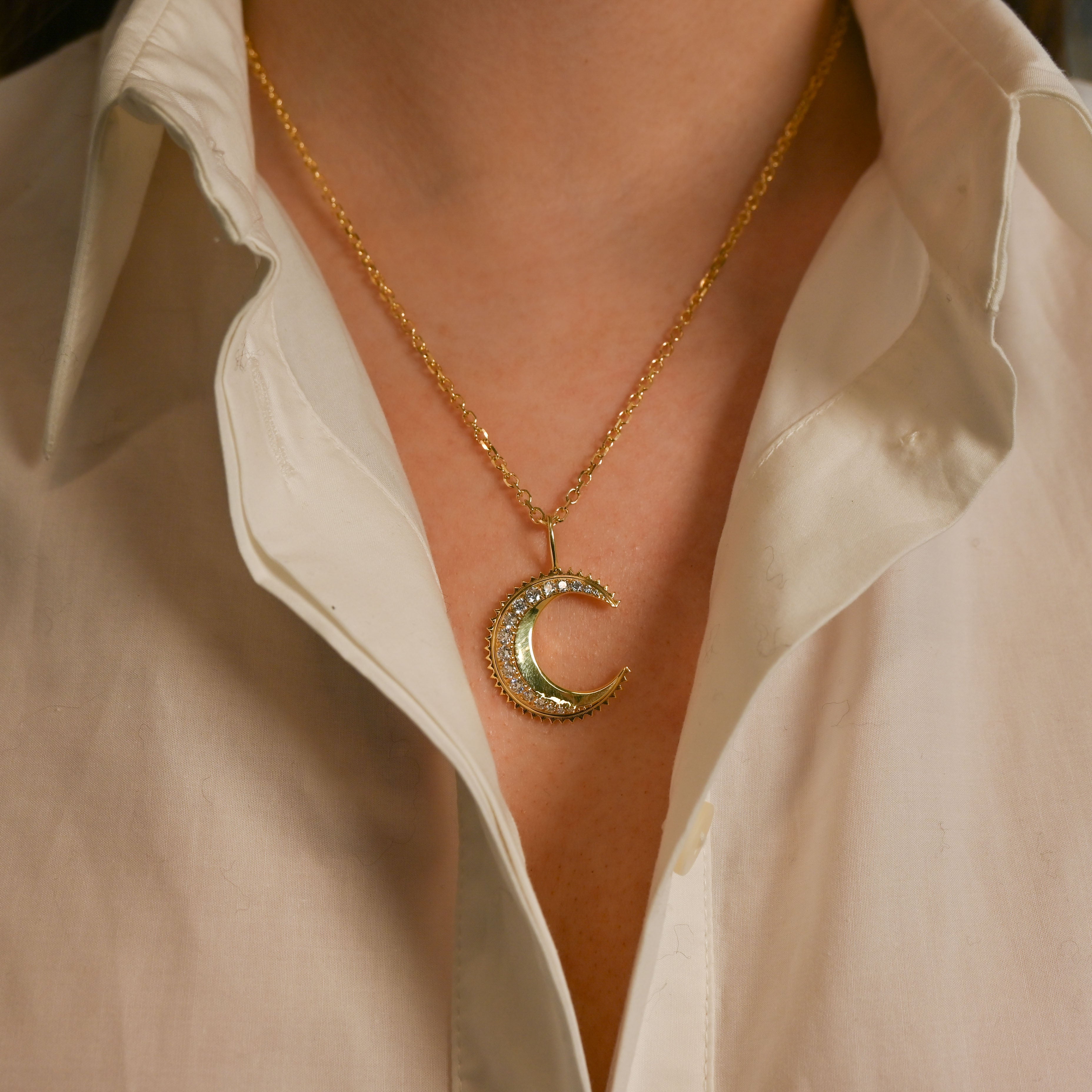 Gold and Diamond Radiant Moon Charm with Chain