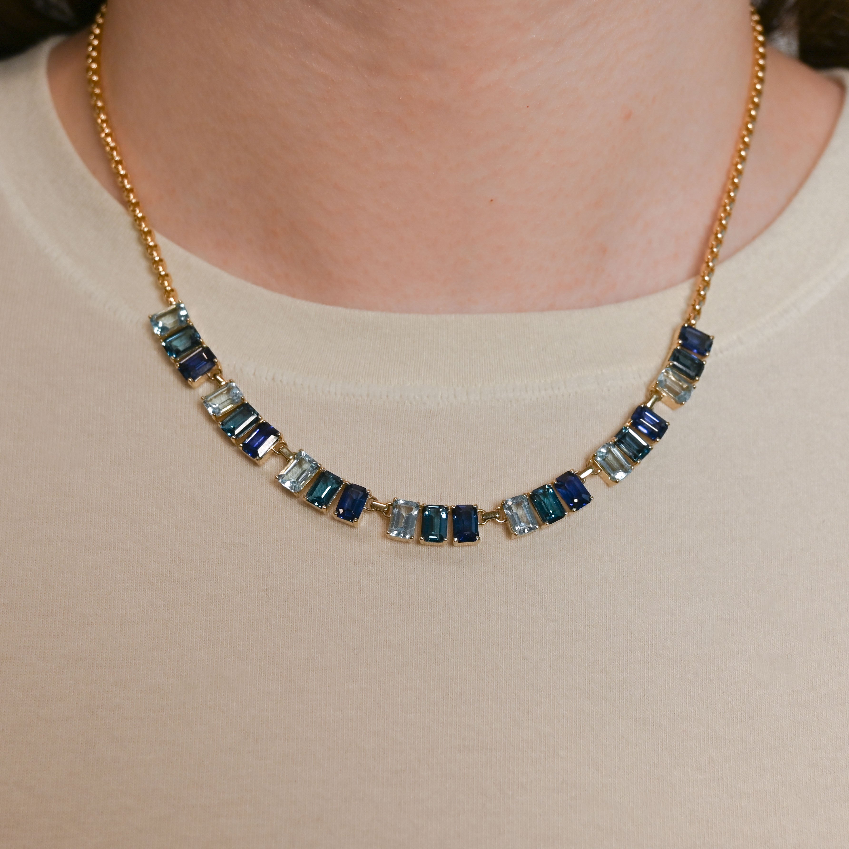 Multicolor Blue Topaz and Blue Sapphire Emerald Cut Necklace