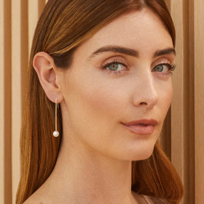 Diamond Bar Pearl Drop Earrings
