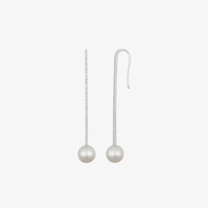 Diamond Bar Pearl Drop Earrings