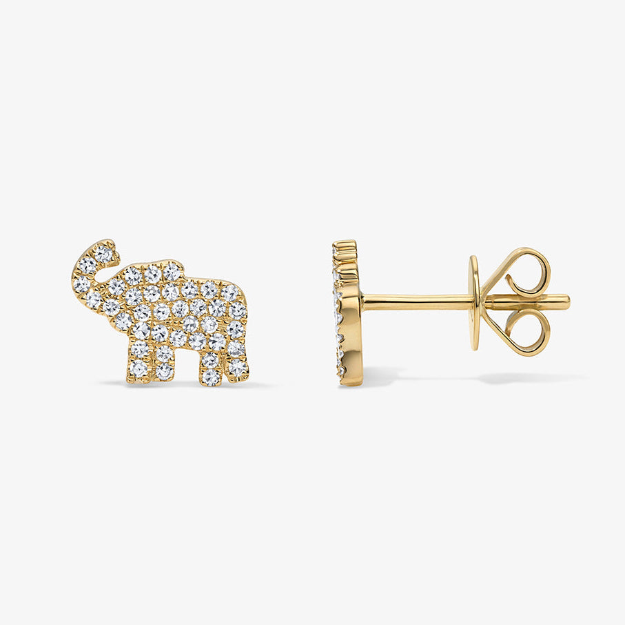 Mini Token Pave Elephant Studs 14K Yellow Gold Pair