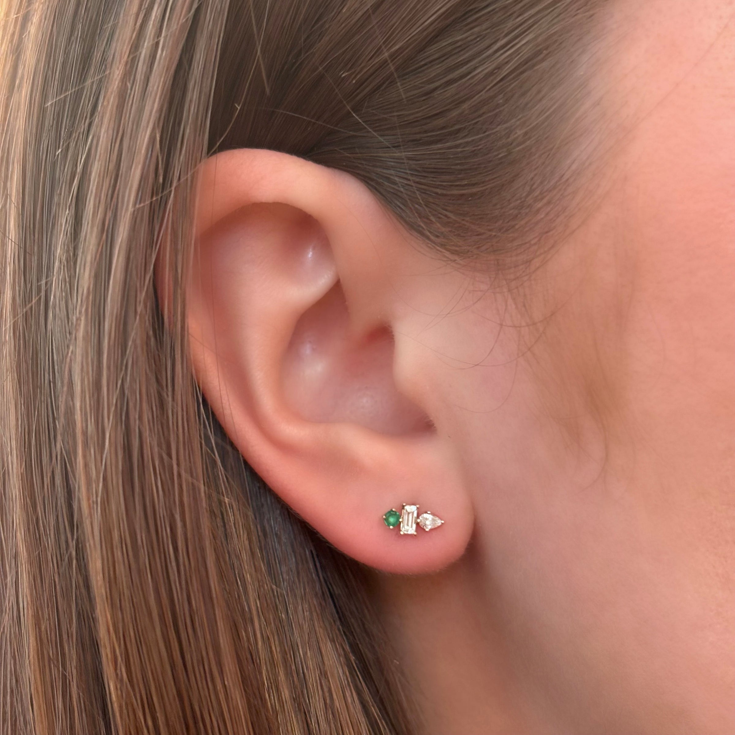 Ella 3 Stone Stud with Emerald