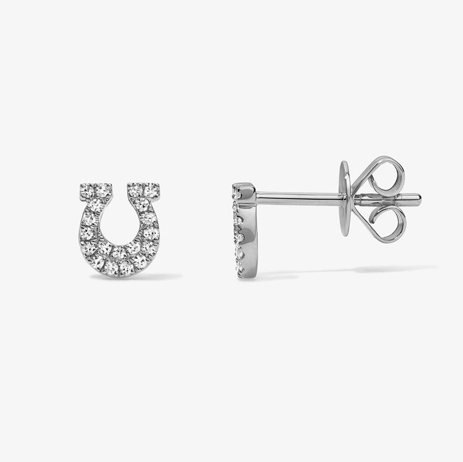 Mini Token Pave Horseshoe Studs 14K White Gold Pair