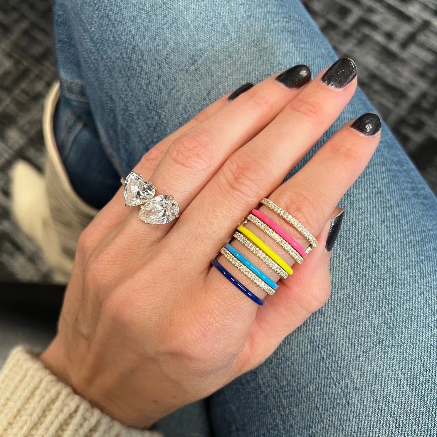 Poppy White Enamel and Diamond Double Bar Ring size 7.5