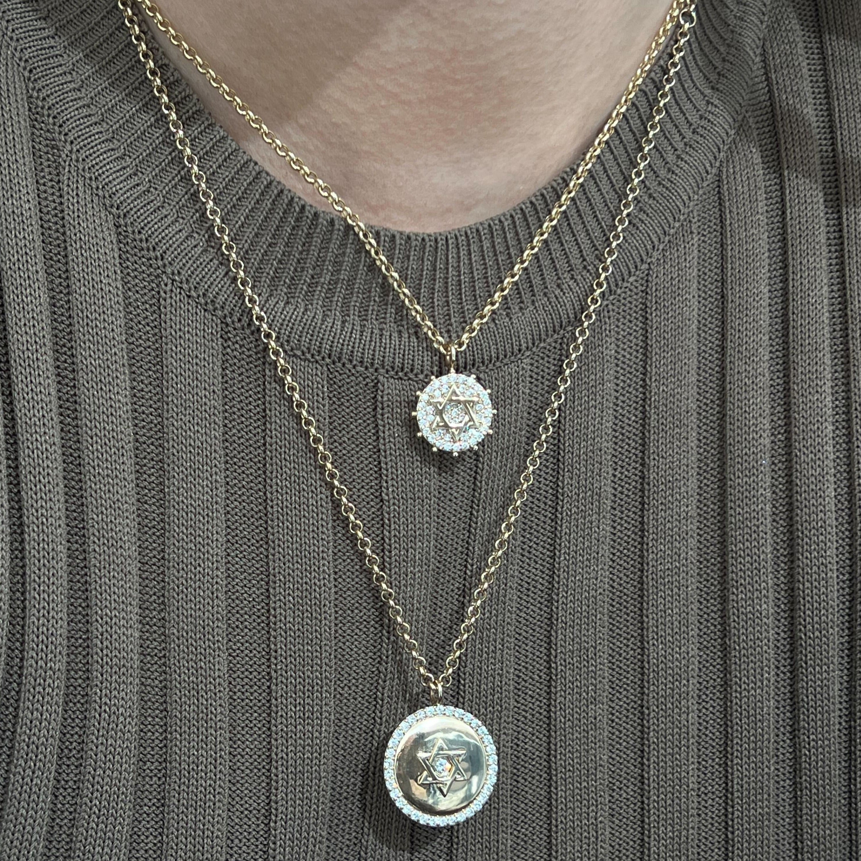 Pave Token Jewish Star Necklace with Gold Beads