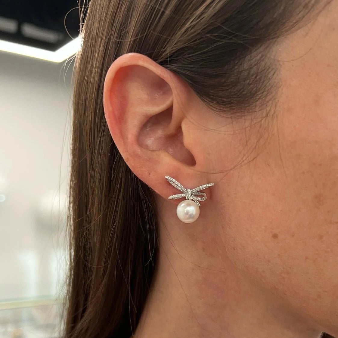 Grace Pearl and Diamond Bow Stud Earrings