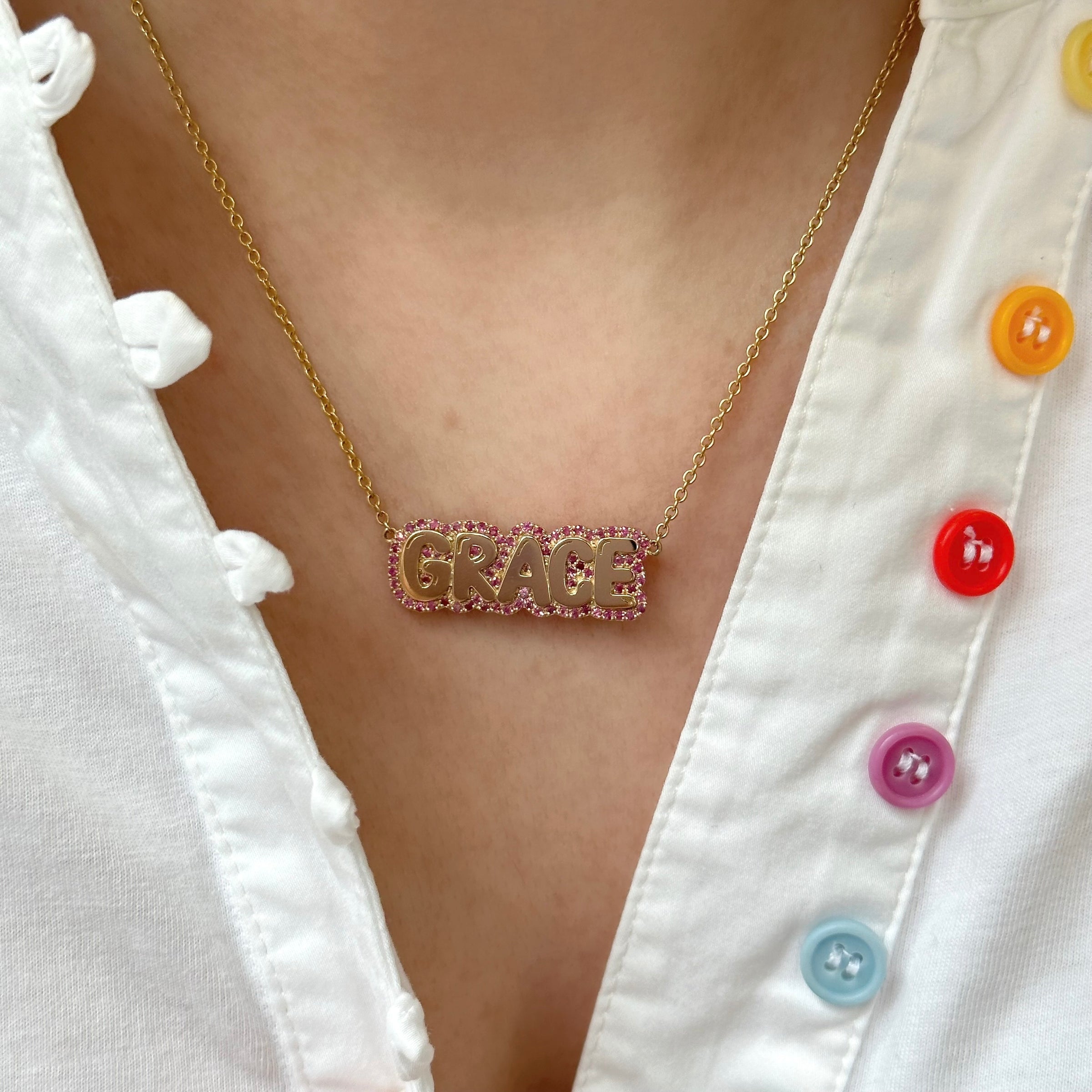 Vault Sale: Large Bubble Necklace with Pink Sapphire Outline "GRACE"