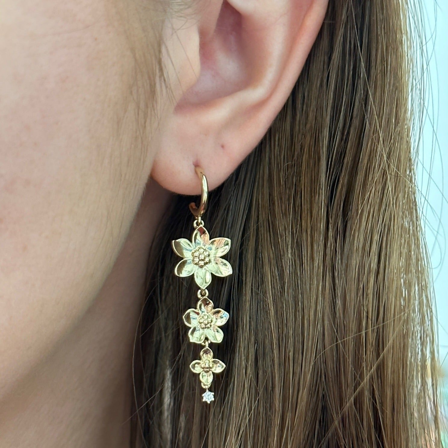 Beaded Flower Drop Earrings with Single Diamond