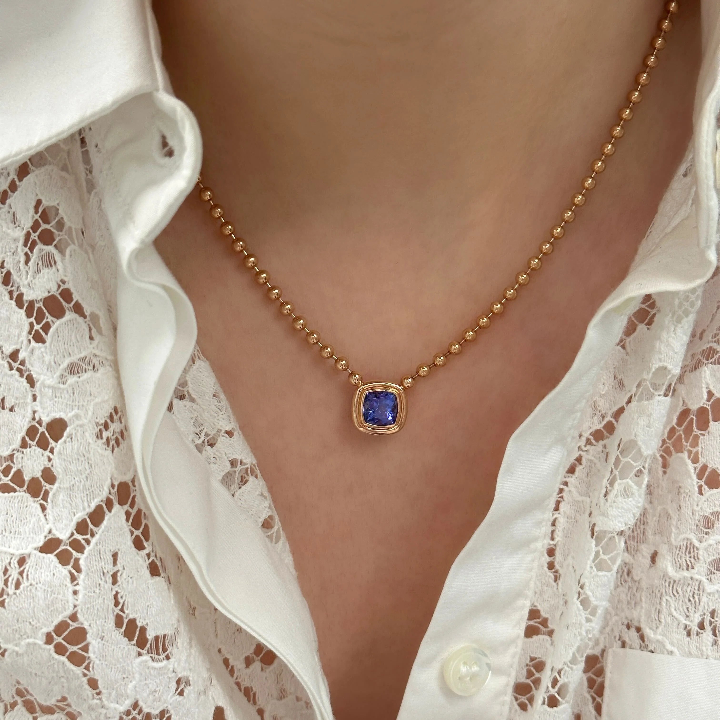 Double Bubble Cushion Cut Tanzanite Bezel Necklace