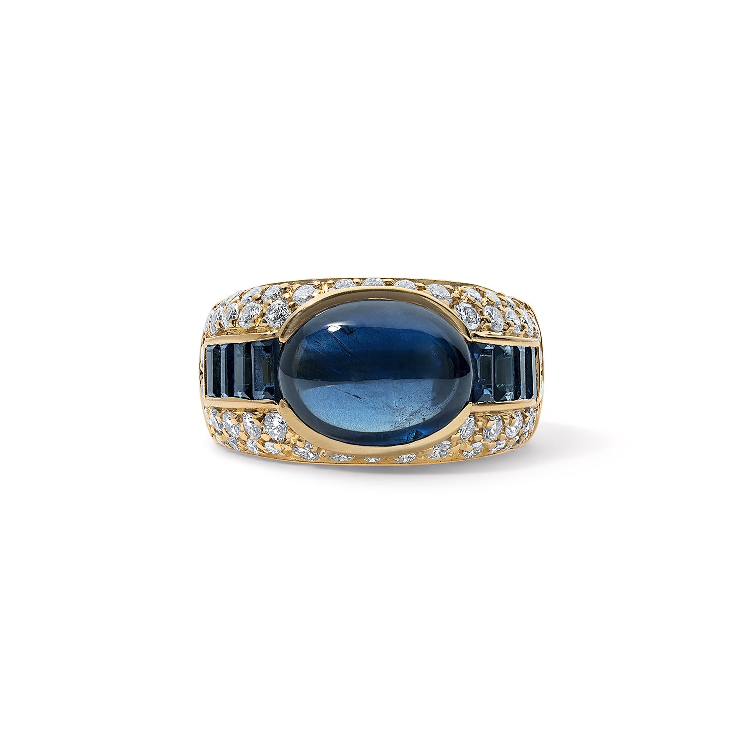 Estate Blue Sapphire Cabochon Ring with Baguette Side Stones