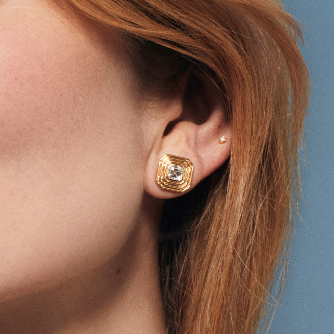Gold and Diamond Large Asscher Stud Earrings