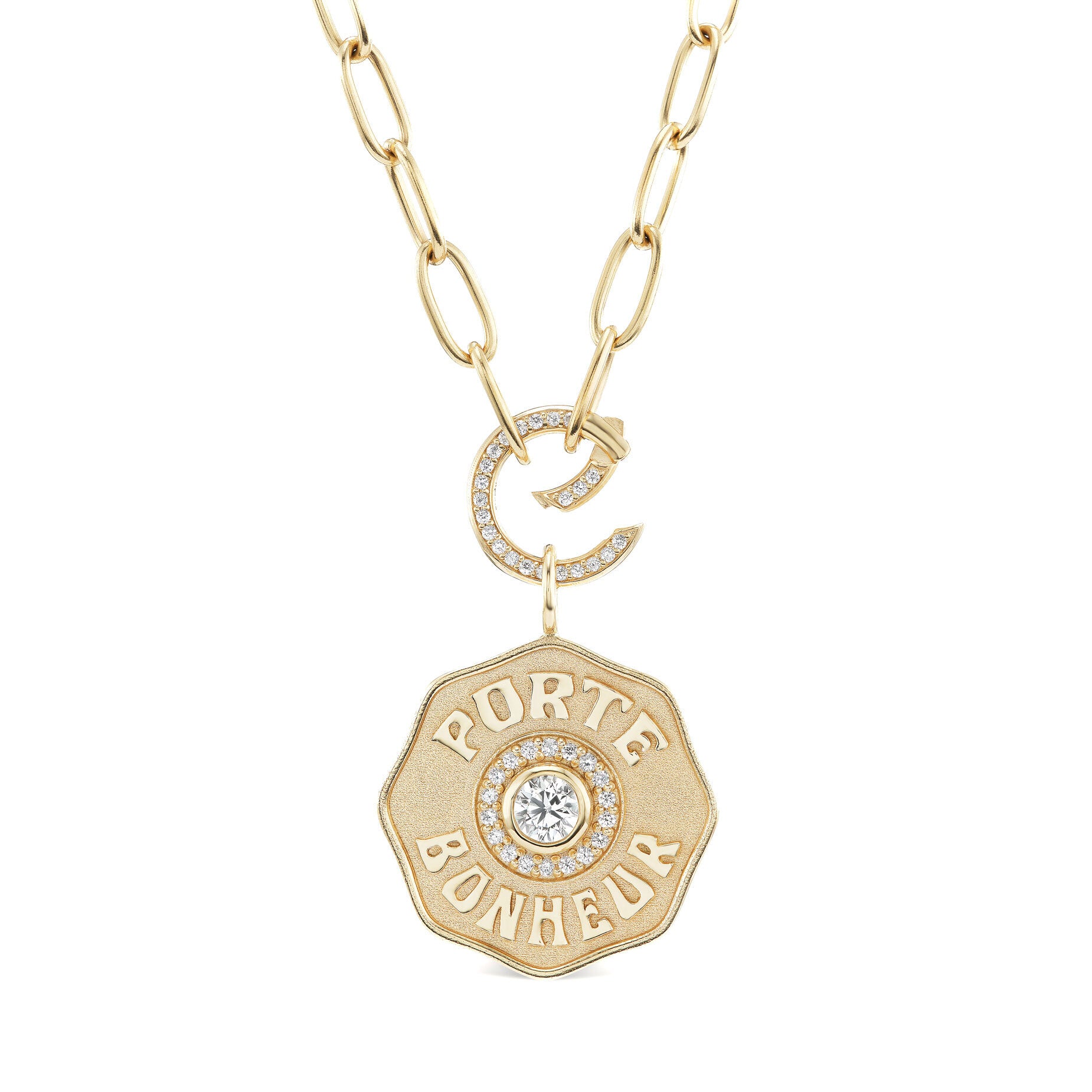 Large Porte Bonheur White Diamond and Pave Clasp Pendant