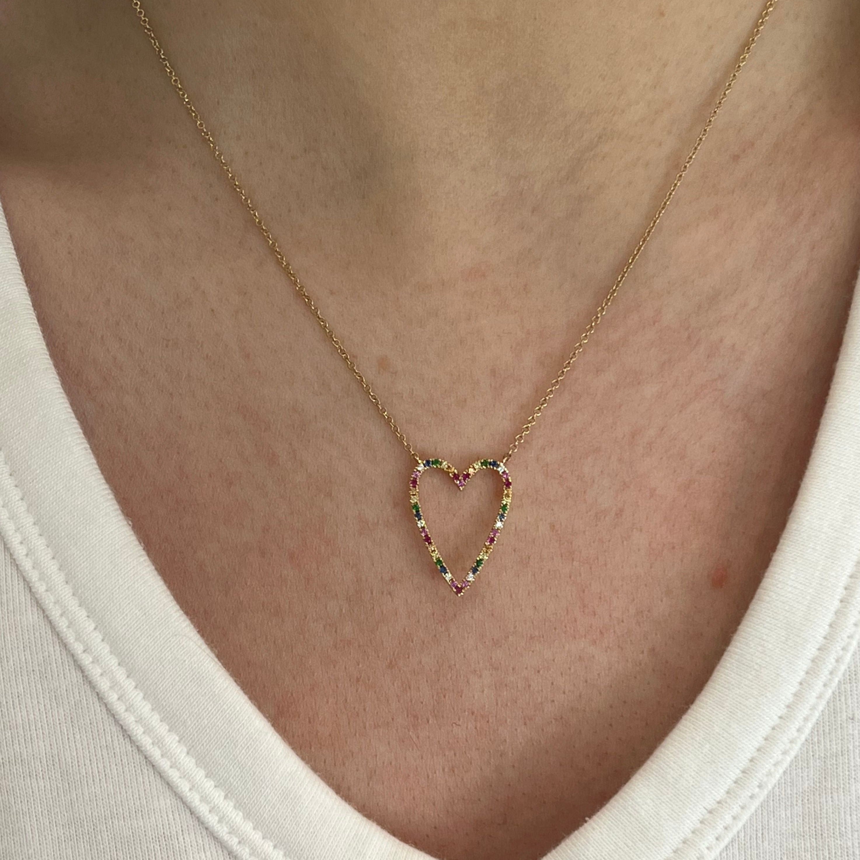Rainbow Pave Heart Shaped Outline Necklace