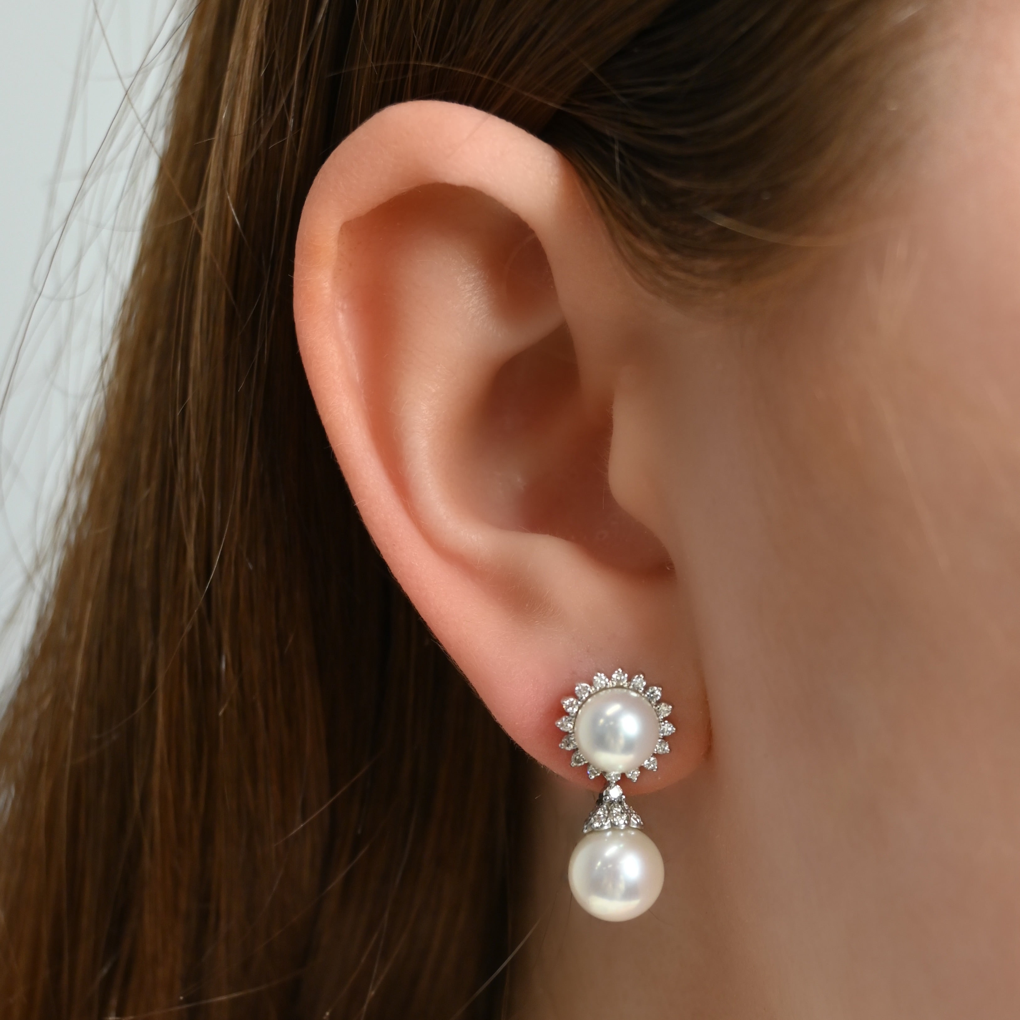 Pearl Drop Earrings with Pave Diamond Halo