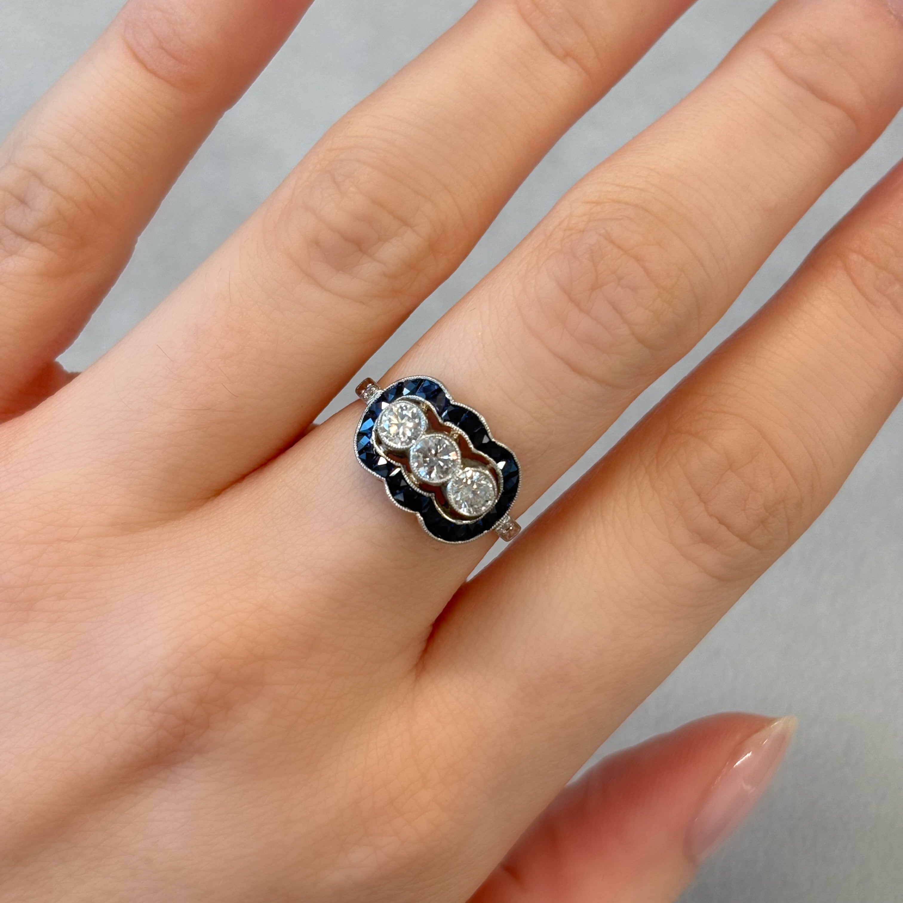 Three Stone Diamond Ring with Sapphires