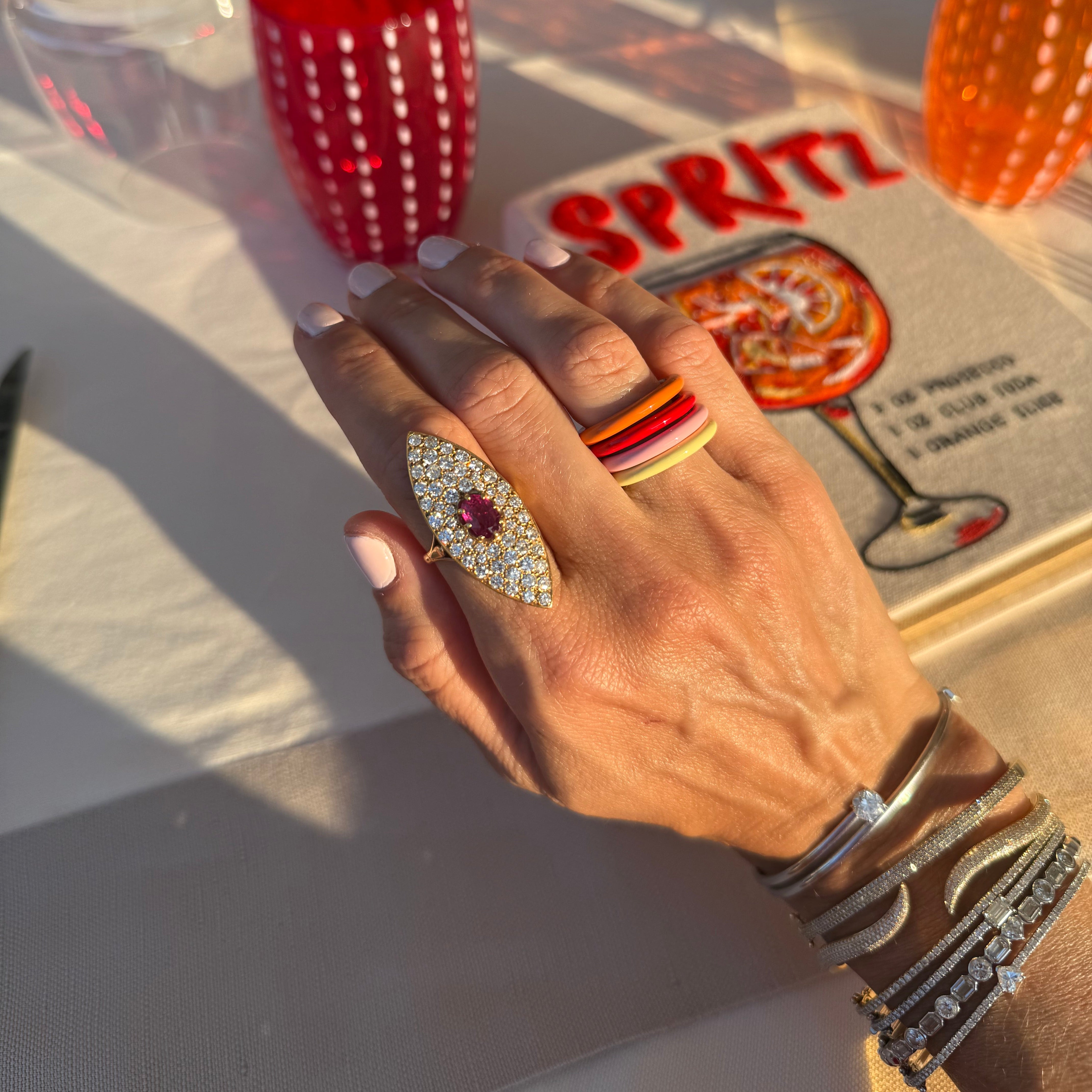 Elongated Pave Ring with Ruby Center Stone