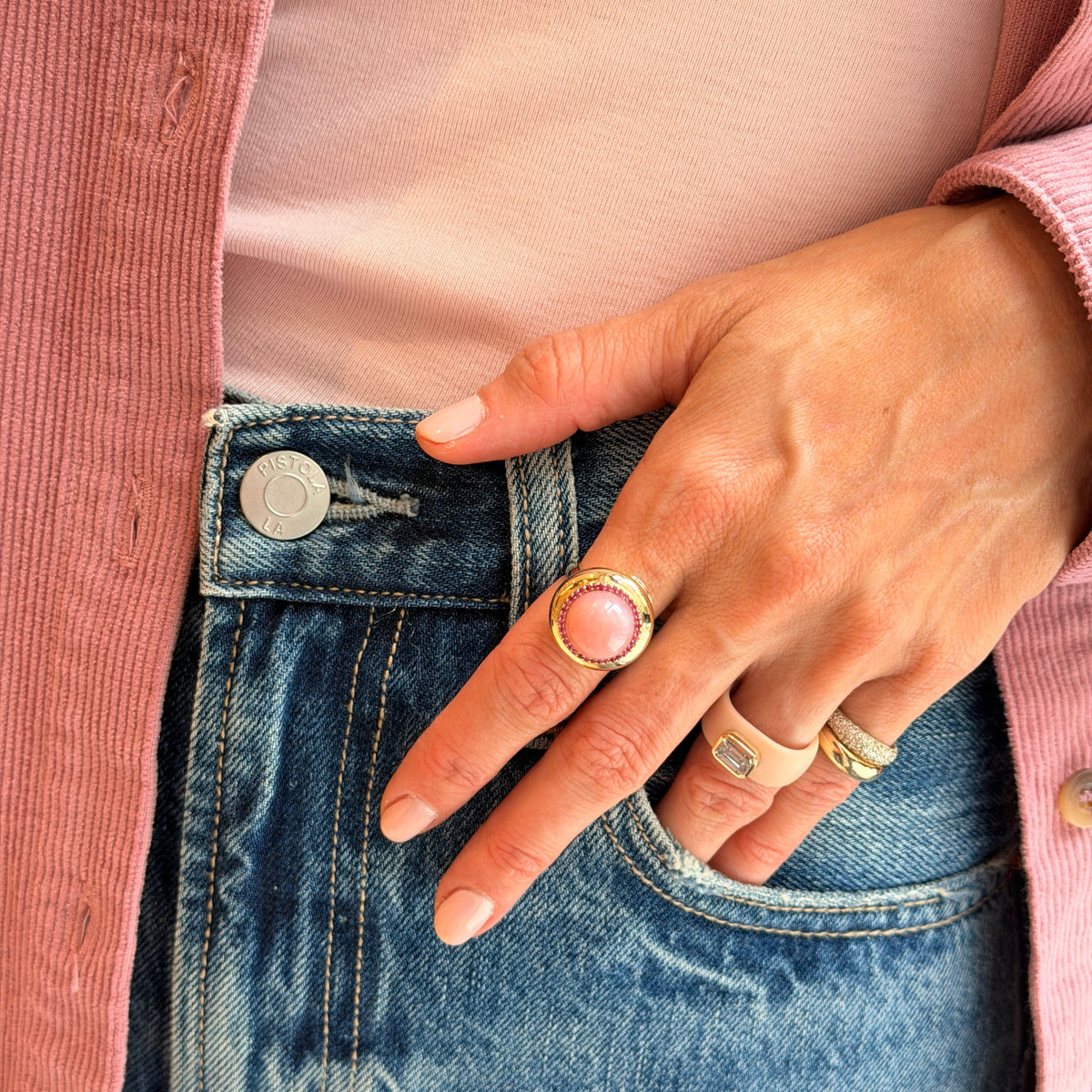 Large Pink Opal Candy Button Ring