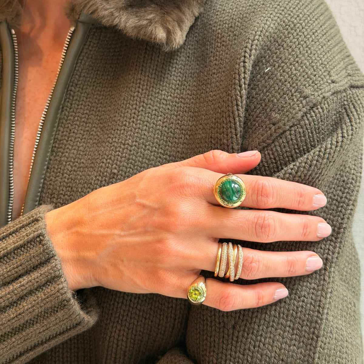 Large Malachite Candy Button Ring with Tsavorite Halo