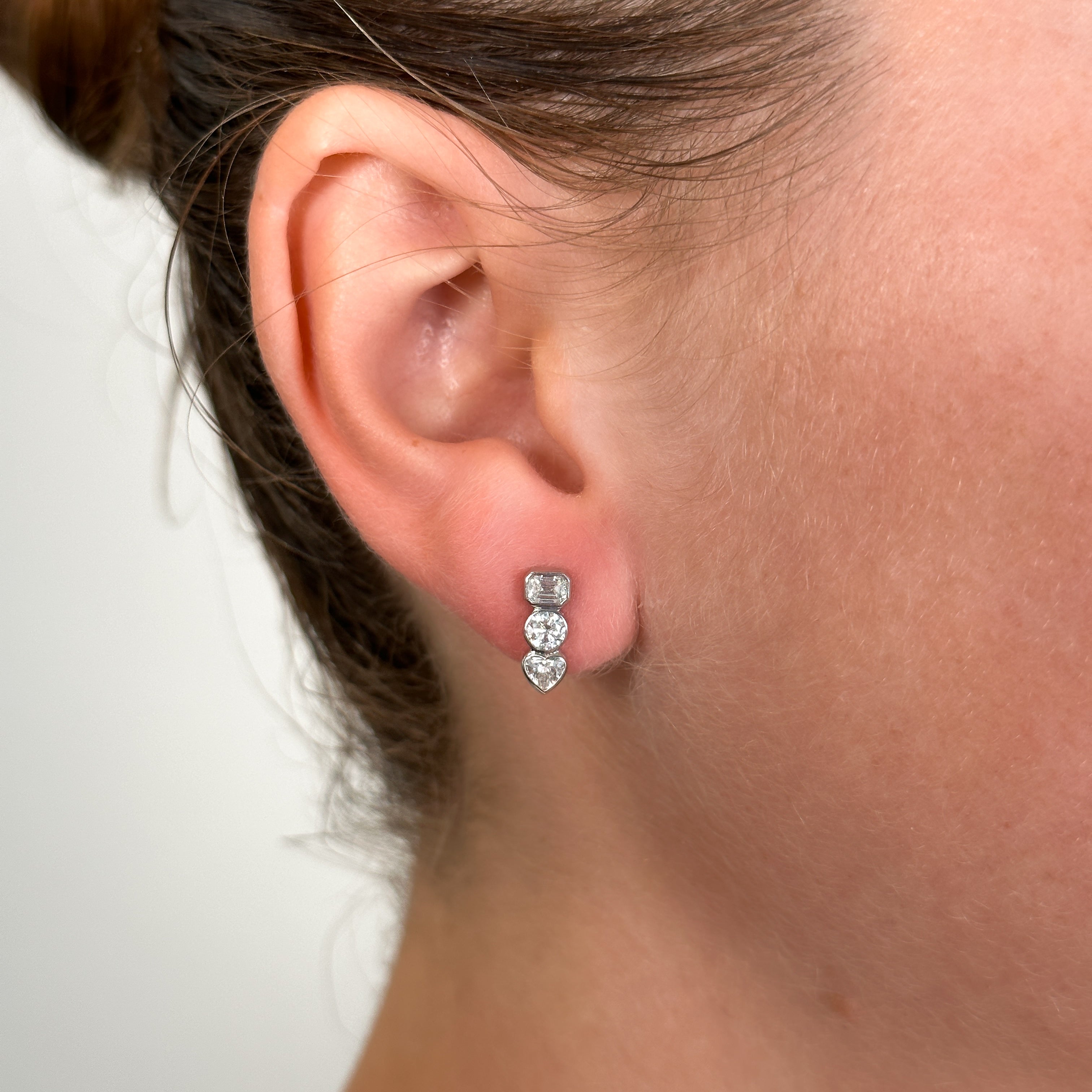 Fancy Bezel Three Stone Multi Shape Earring