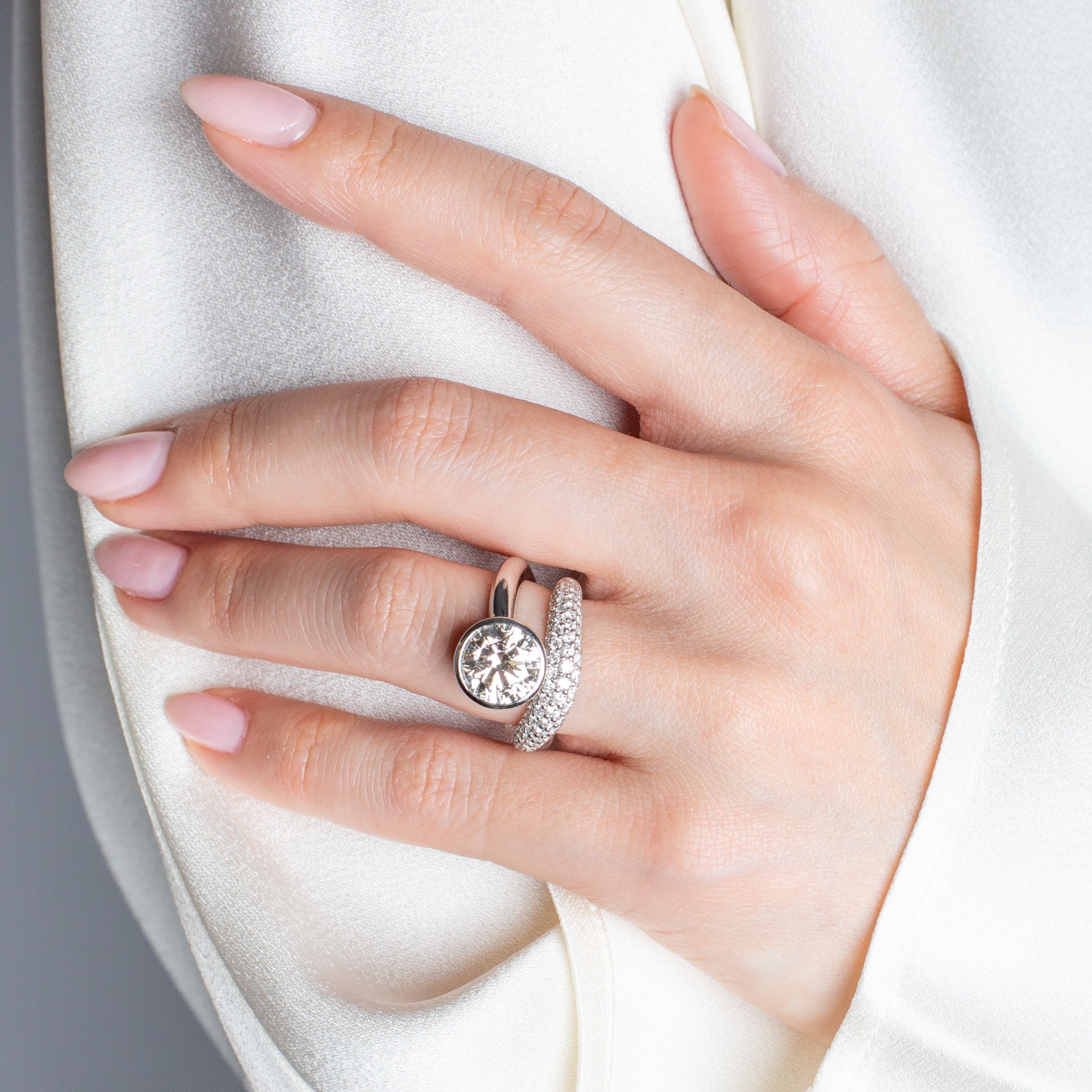 Round Brilliant Pave Domed Band and a Half Engagement Ring