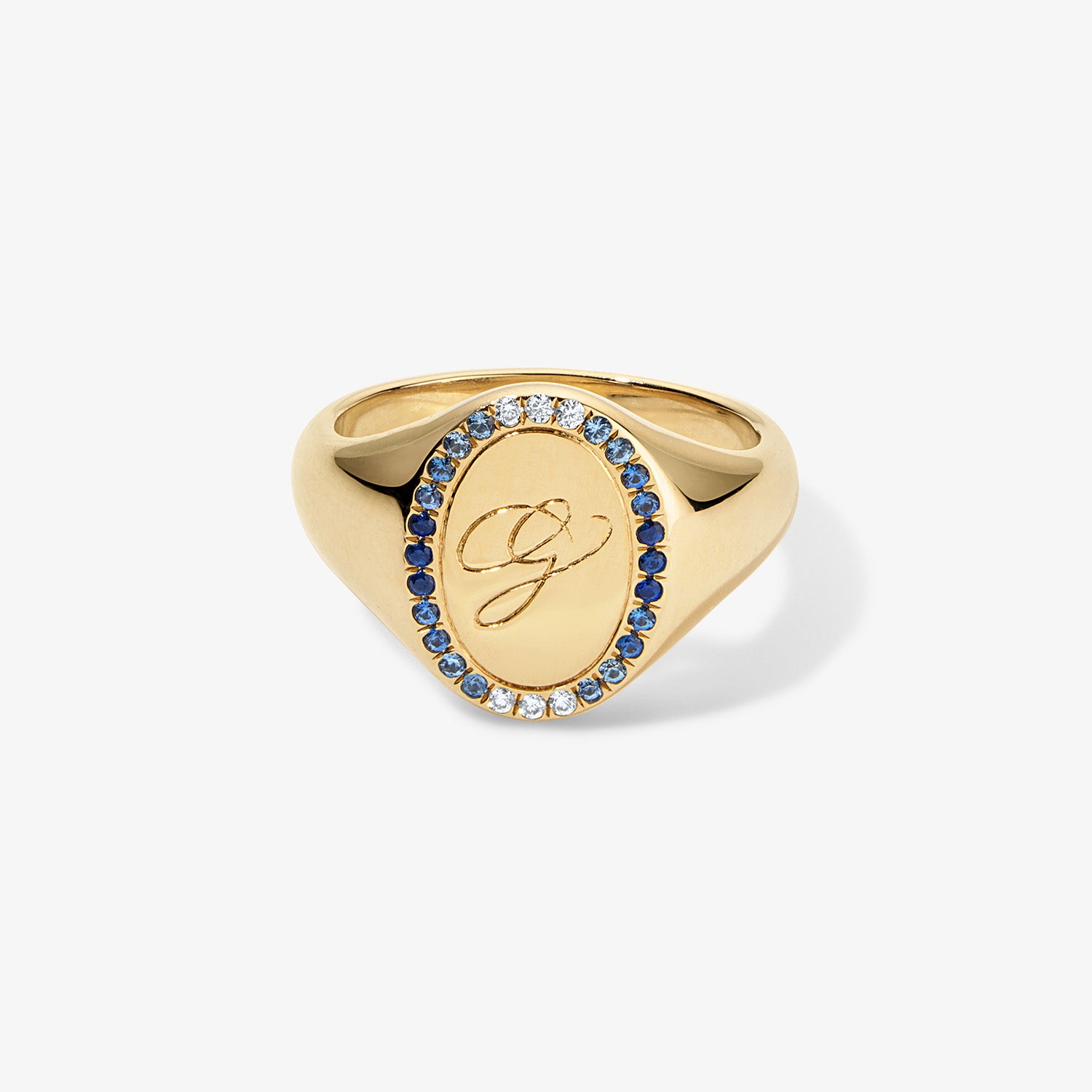 Grace Blue Sapphire Signet Ring with Initial