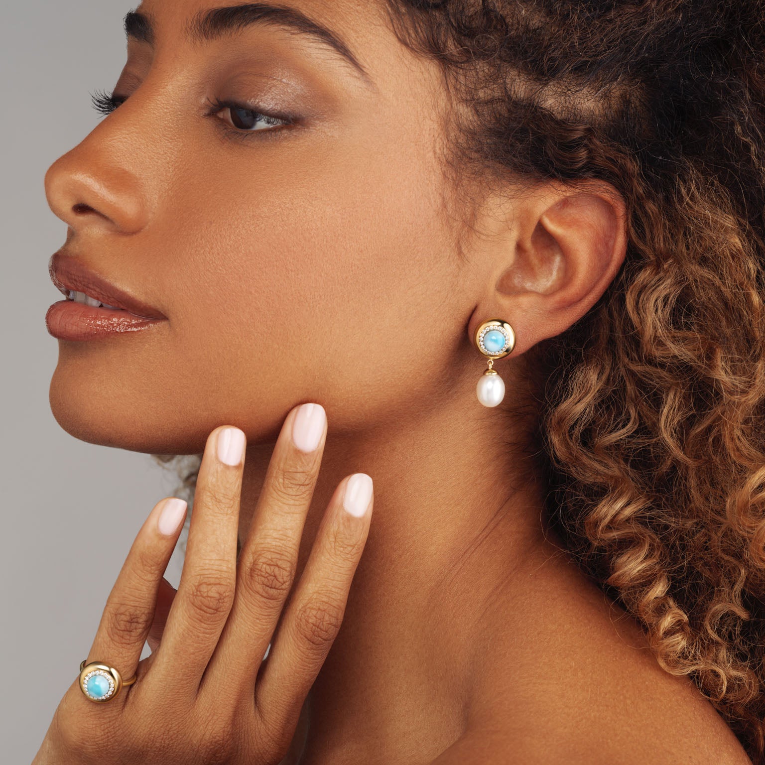 Larimar with Pearl Drop Candy Button Earrings