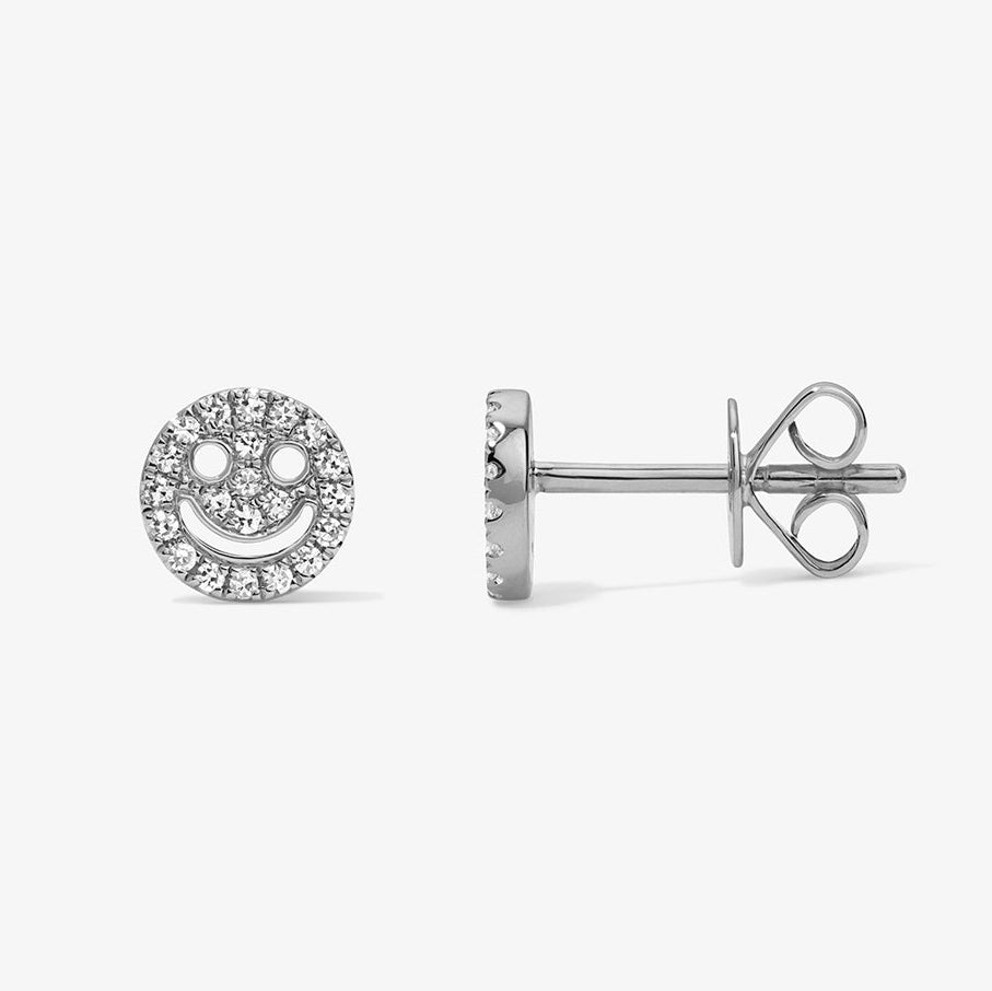 Mini Token Pave Smiley Face Studs 14K White Gold Pair