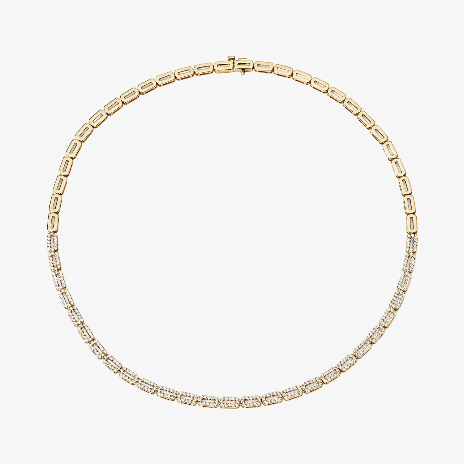 Gold and Half Pave Rectangular Link Necklace