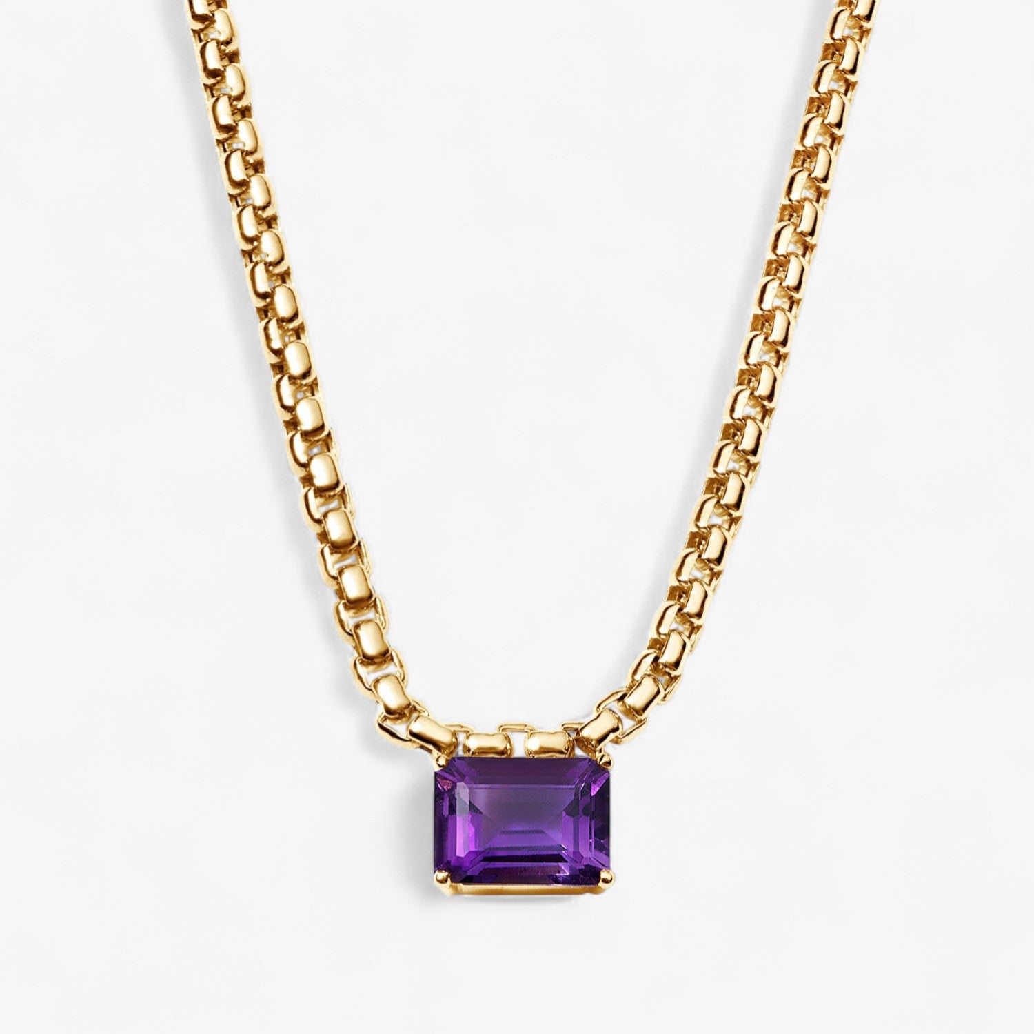 Avery Gemstone Box Chain Necklace 14K Yellow Gold Amethyst