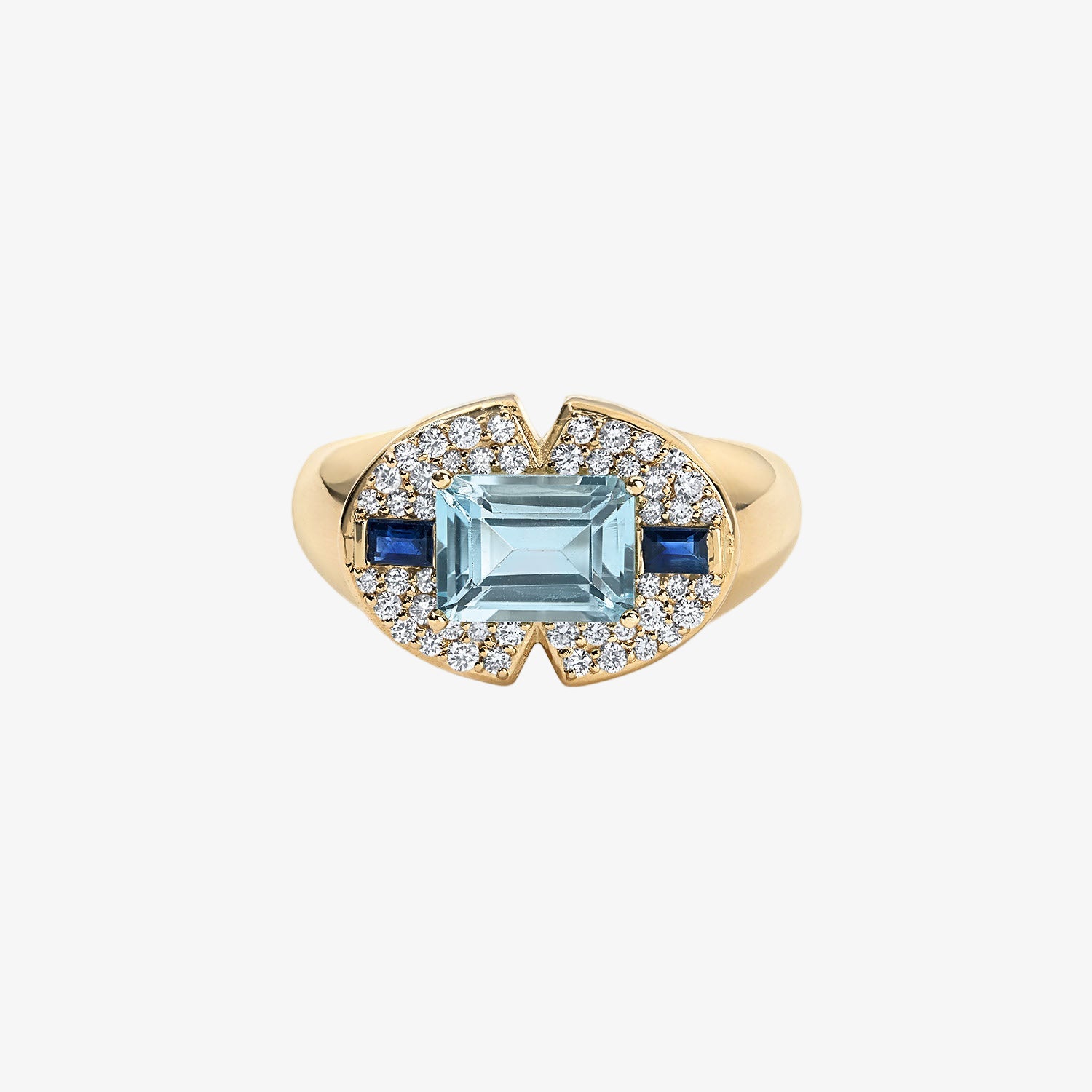 Blue Topaz Emerald Cut and Blue Sapphire Signet Ring with Diamond Pave