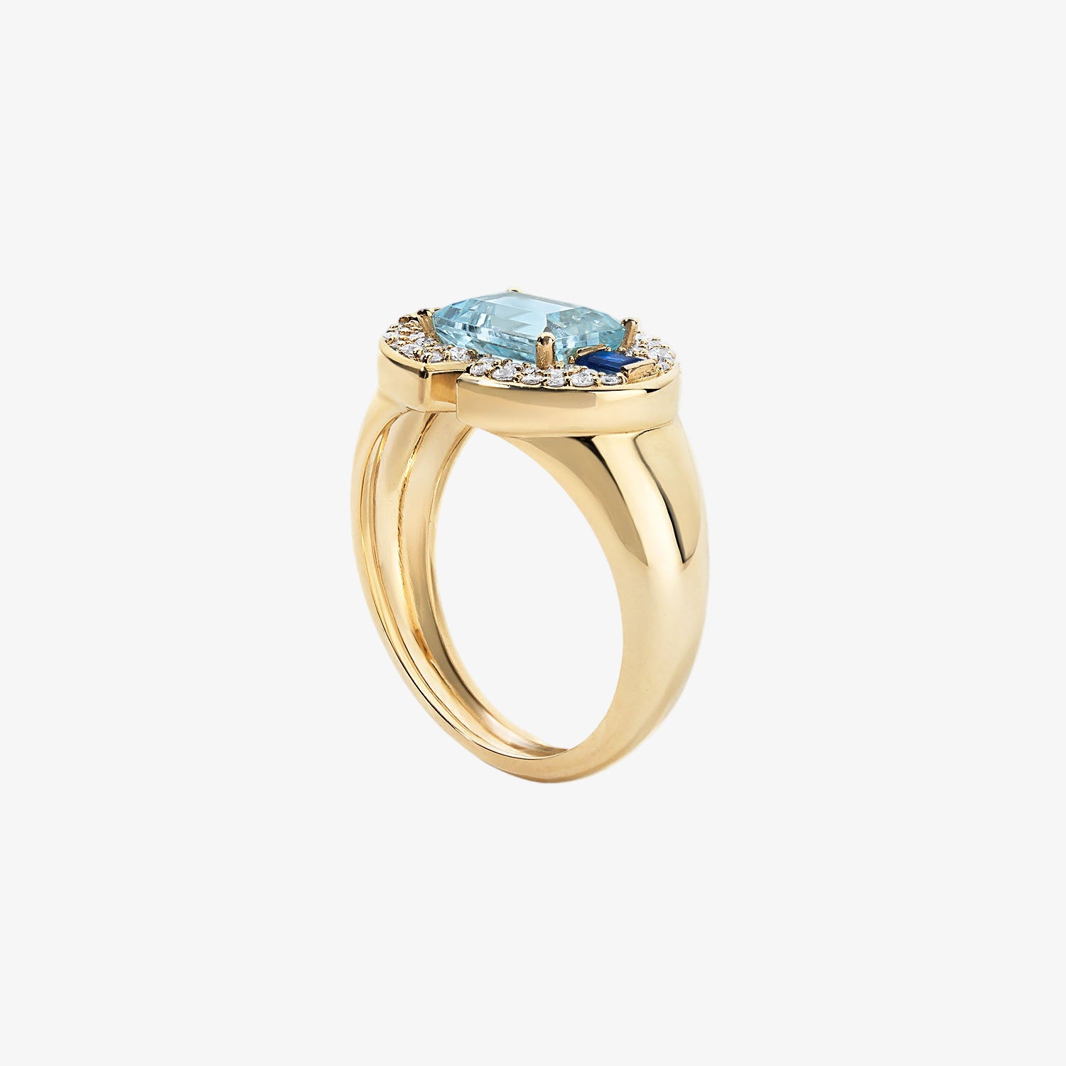 Blue Topaz Emerald Cut and Blue Sapphire Signet Ring with Diamond Pave