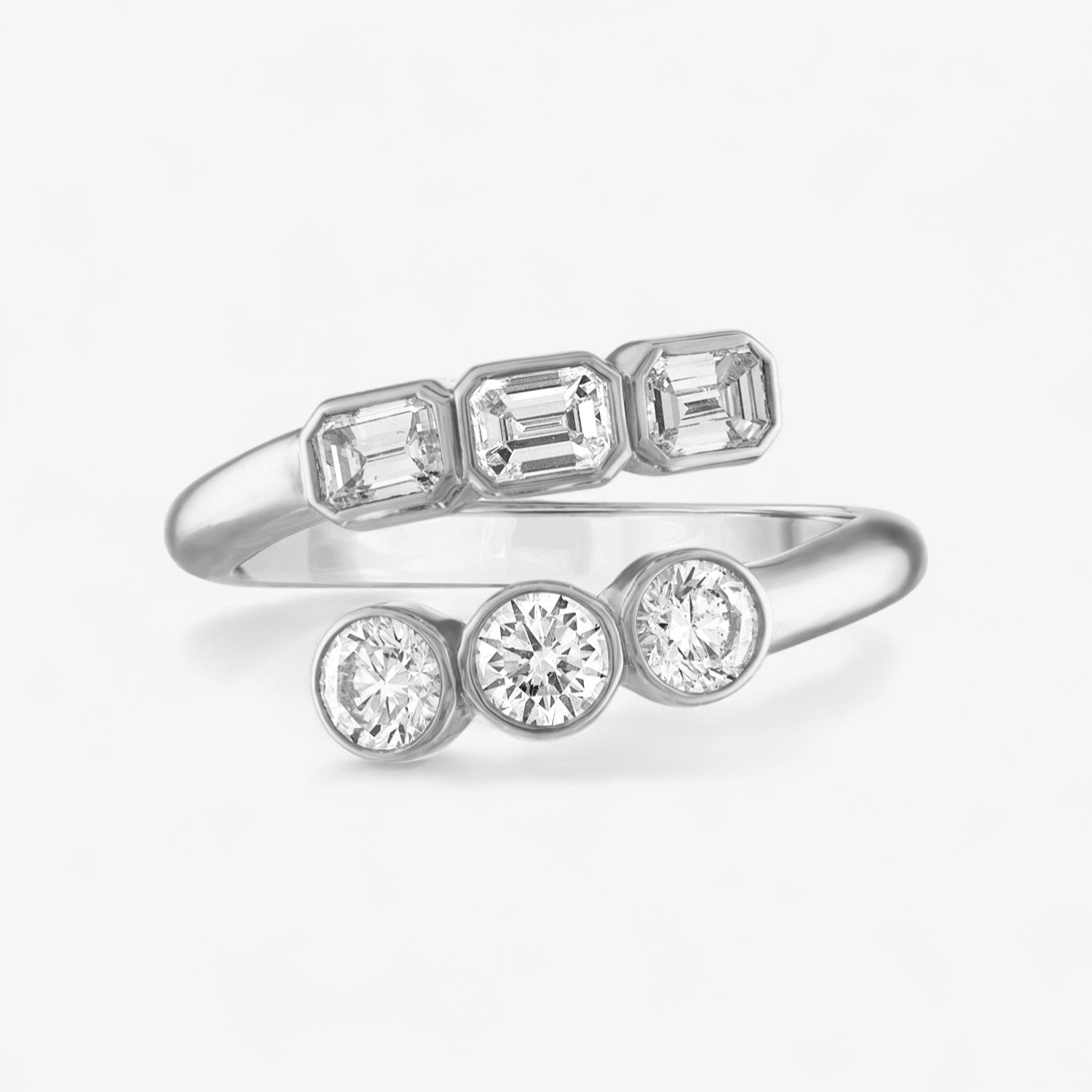 Fancy Bezel Round and Emerald Bypass Ring