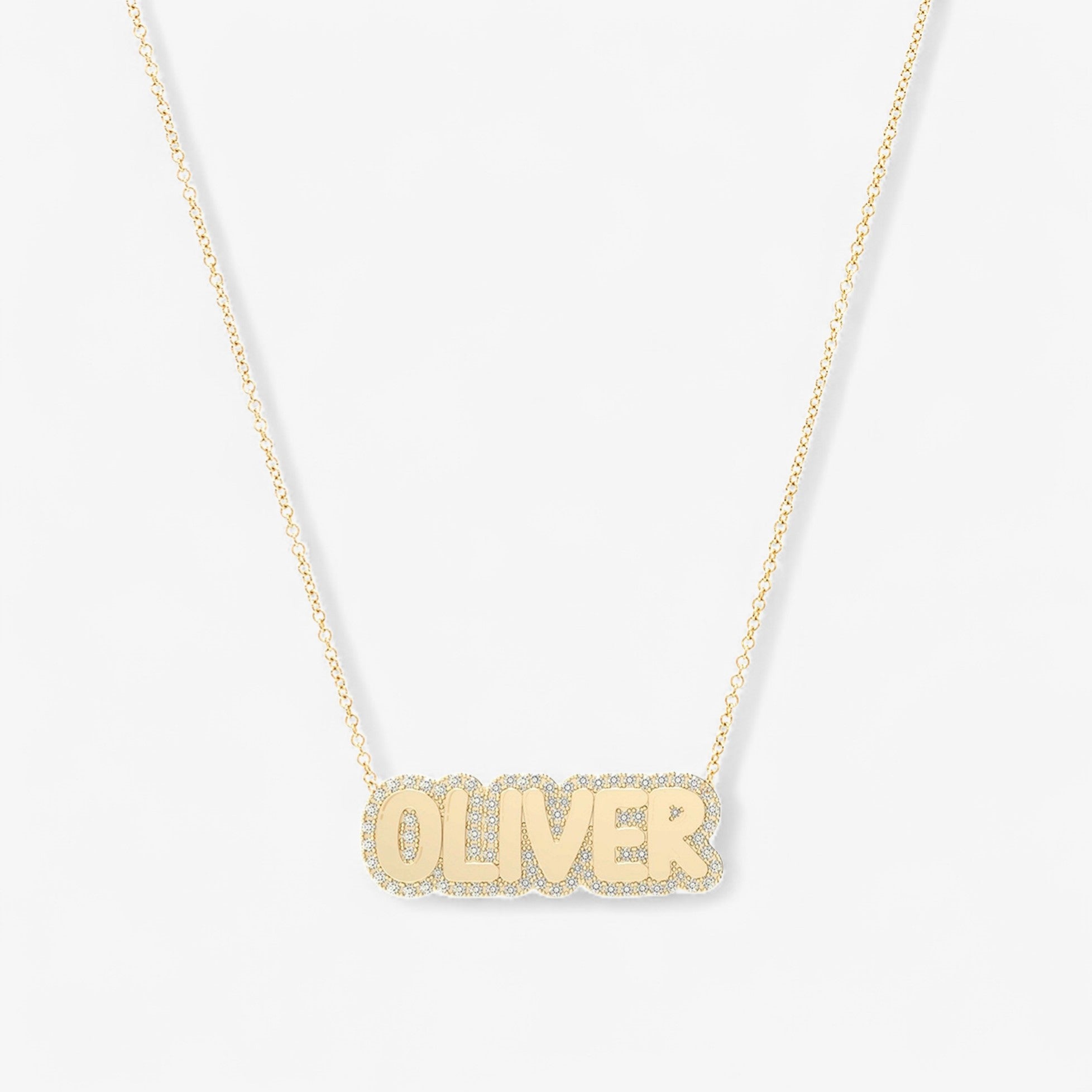Sterling Silver Small Bubble Name with Pave Outline Necklace