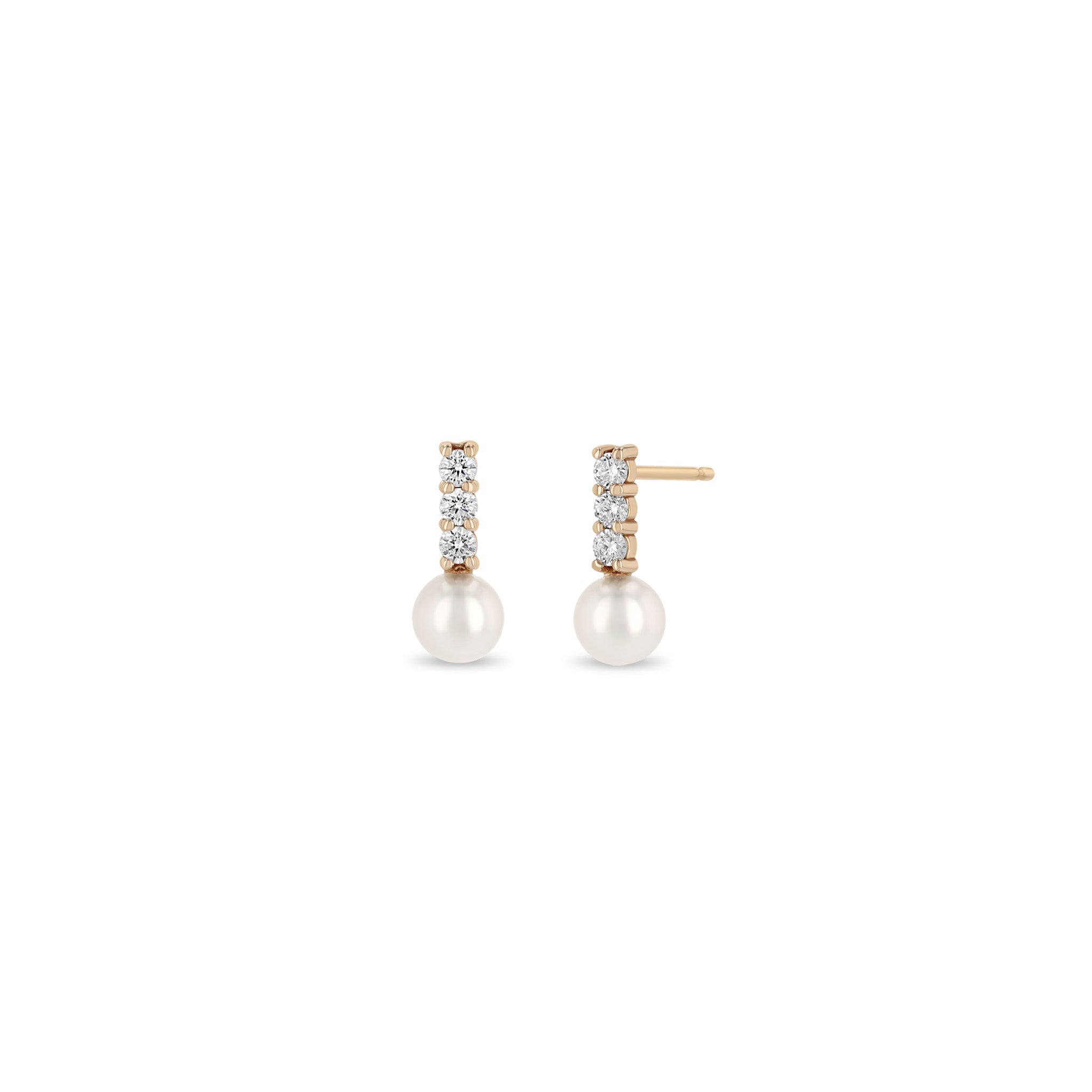 Diamond Bar Earrings with Freshwater Cultured Pearl Drops