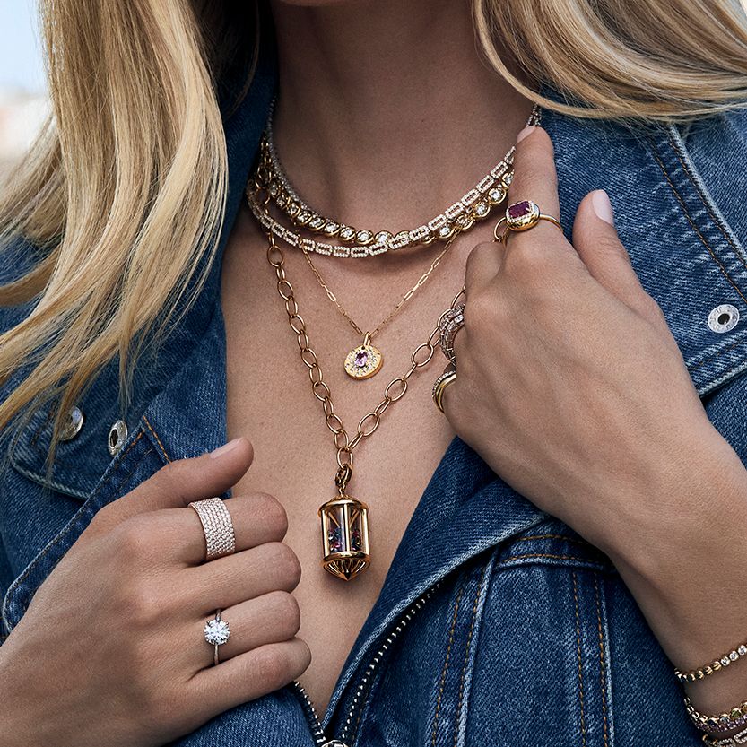 Gold and Half Pave Rectangular Link Necklace