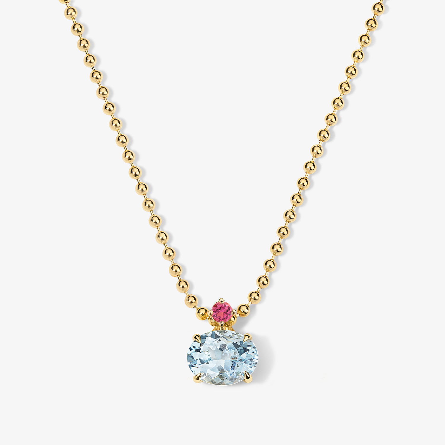 Candy Confetti Oval Aquamarine Pendant 14K Yellow Gold Cleo Ball Chain 16 inch