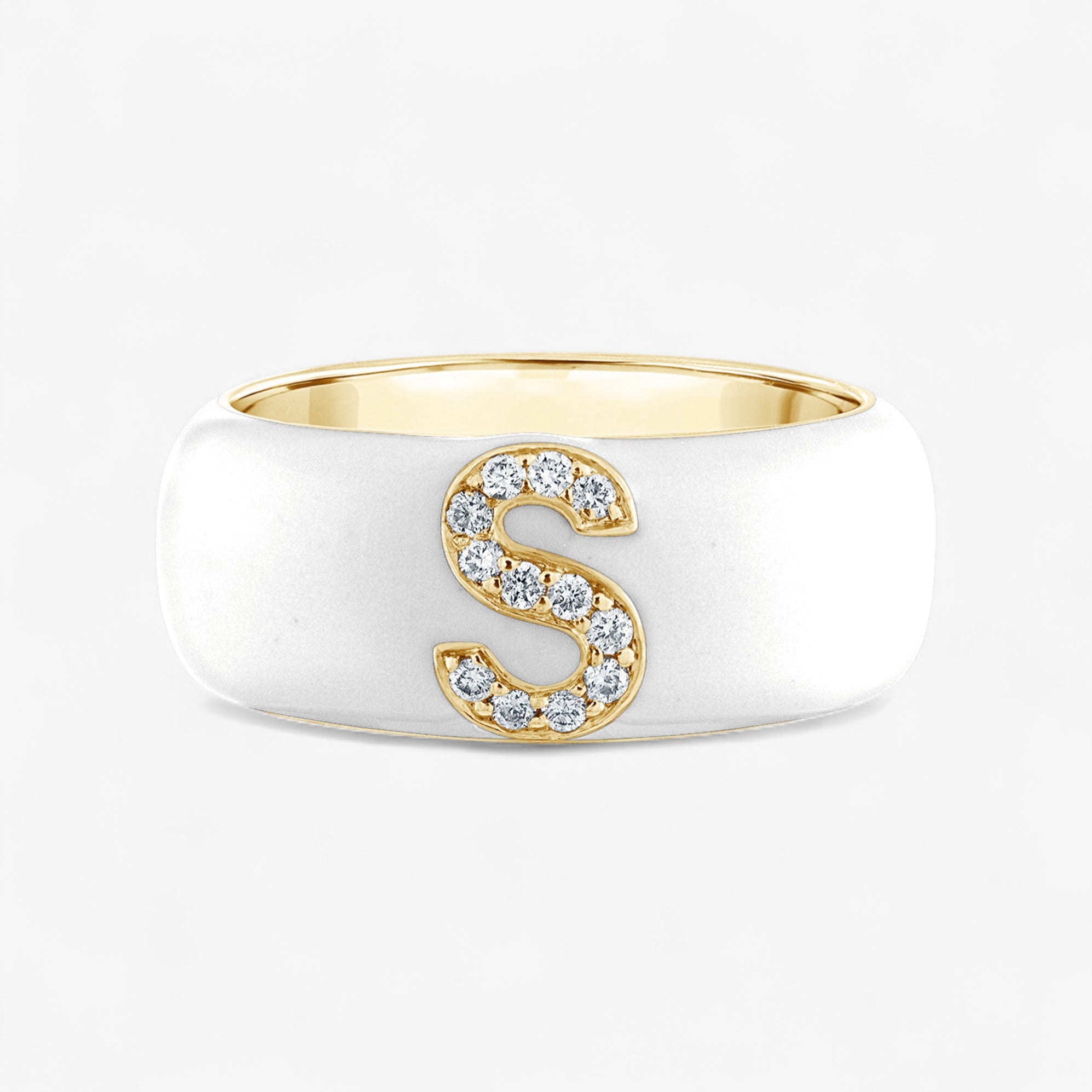 Poppy White Enamel and Diamond " S" Initial Cigar Band Size 6 14K Yellow Gold White