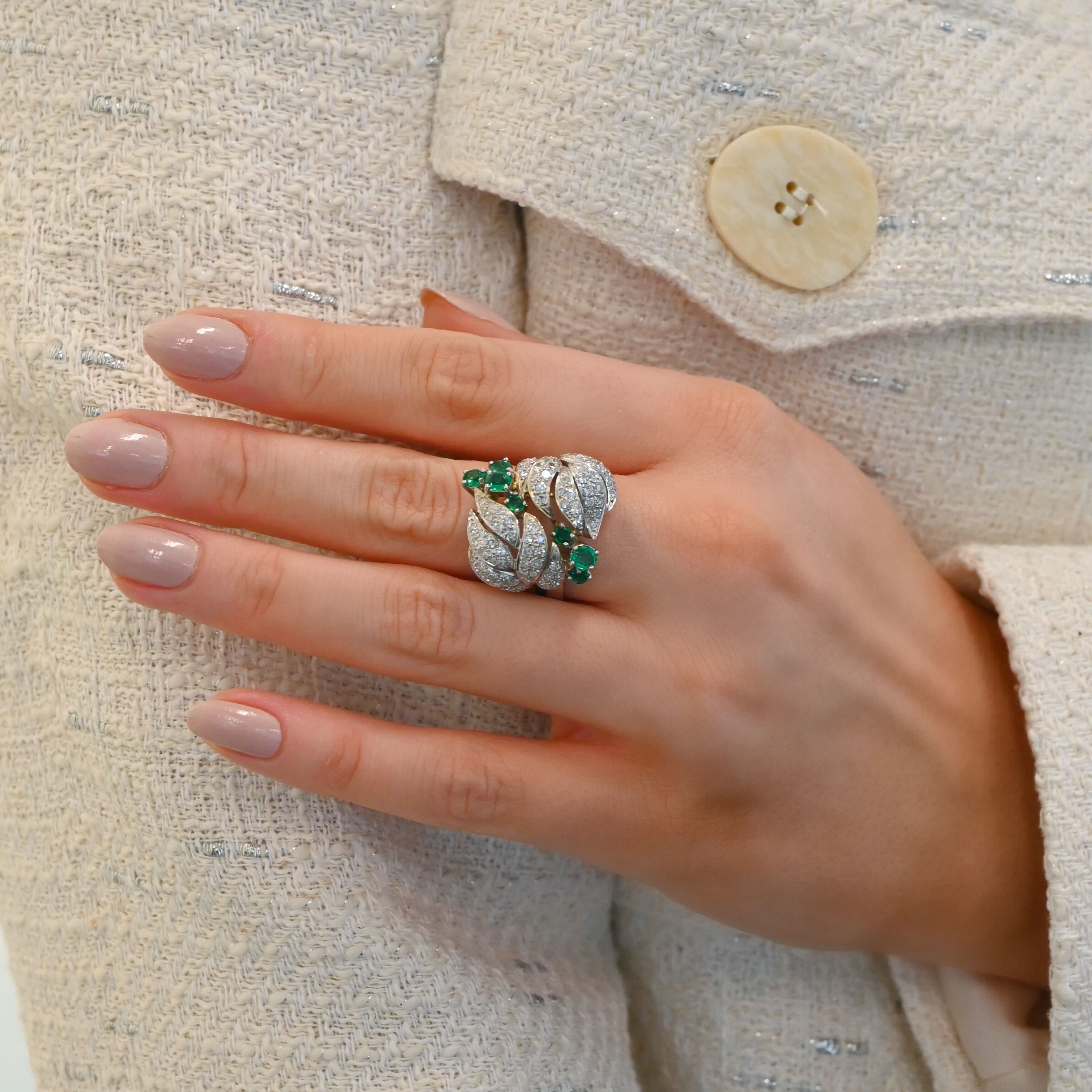 Vintage Diamond and Emerald Floral Motif Ring