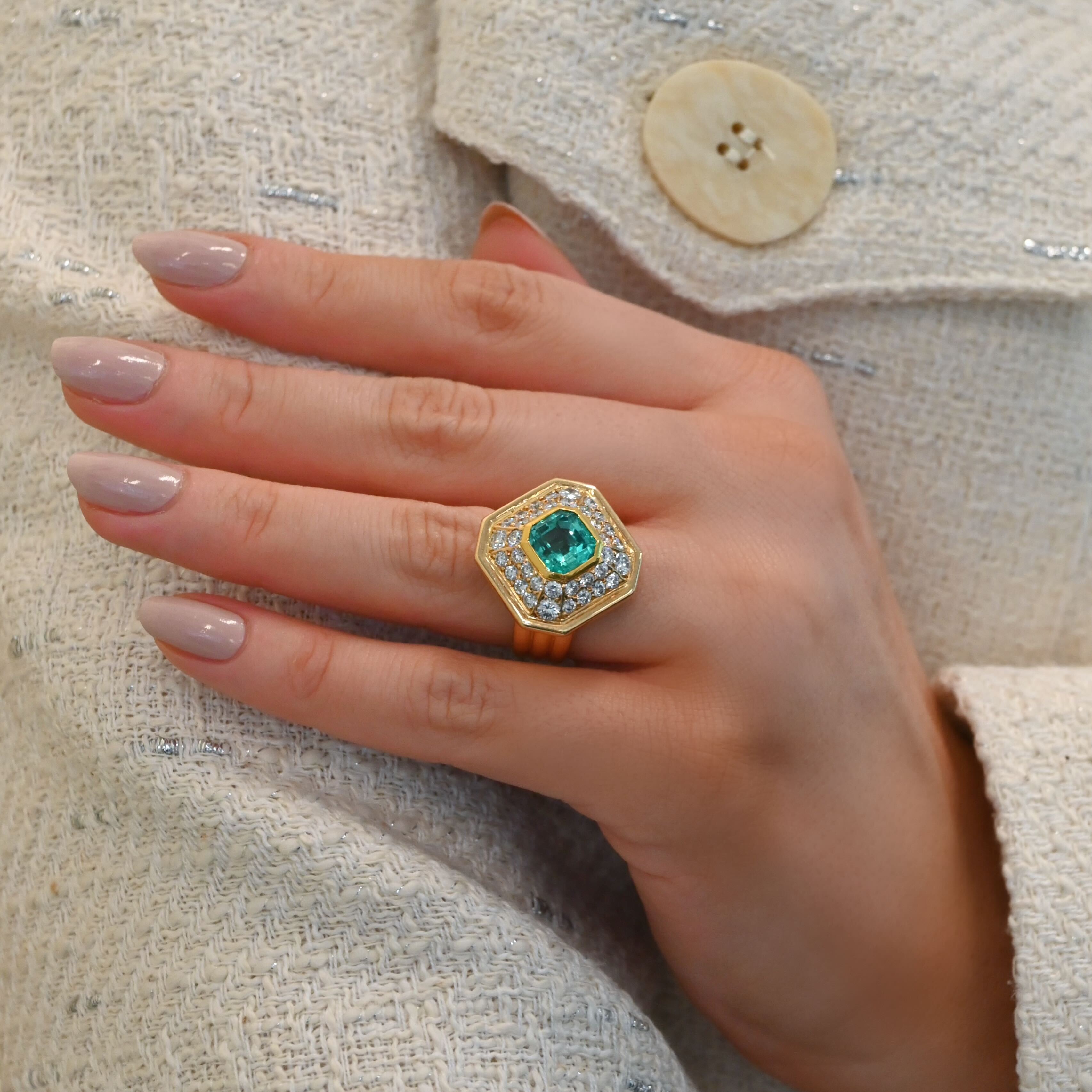 Vintage Asscher Shaped Emerald and Diamond Cocktail Ring